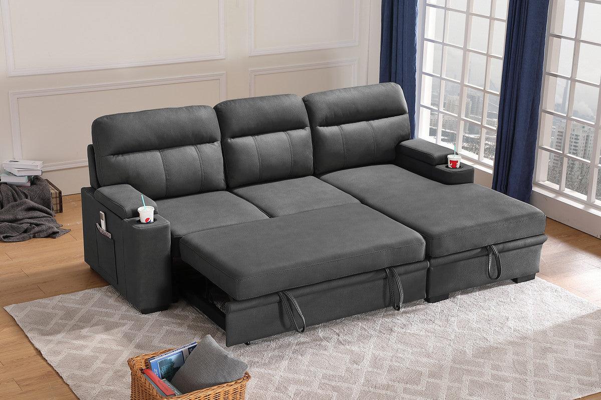 Kaden Gray Fabric Sleeper Sectional Sofa Chaise withStorage Arms and Cupholder