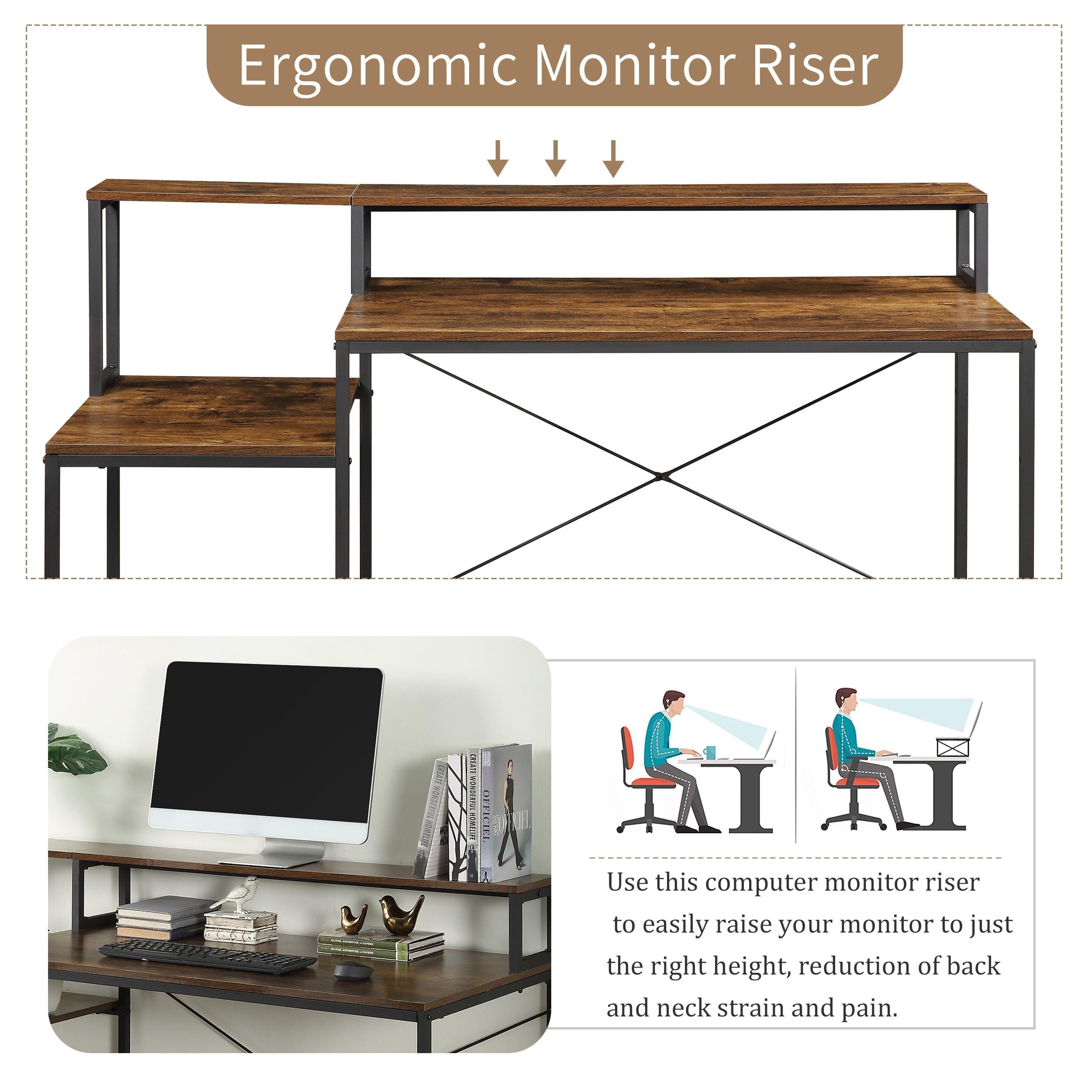 Home Office Computer Desk withStorage Shelves and Monitor Stand Riser Shelf Study Writing Desk Computer Table