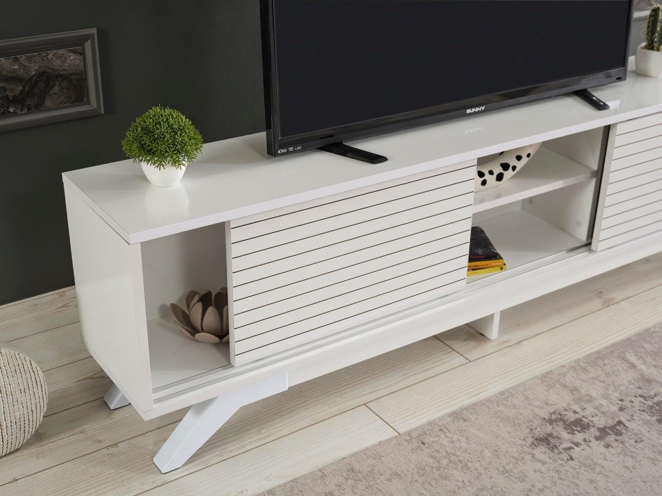 Luxia Mid CenturyModern Tv Stand 2 Sliding Door Cabinet 2 Shelves 67 inch Tv Uni, White