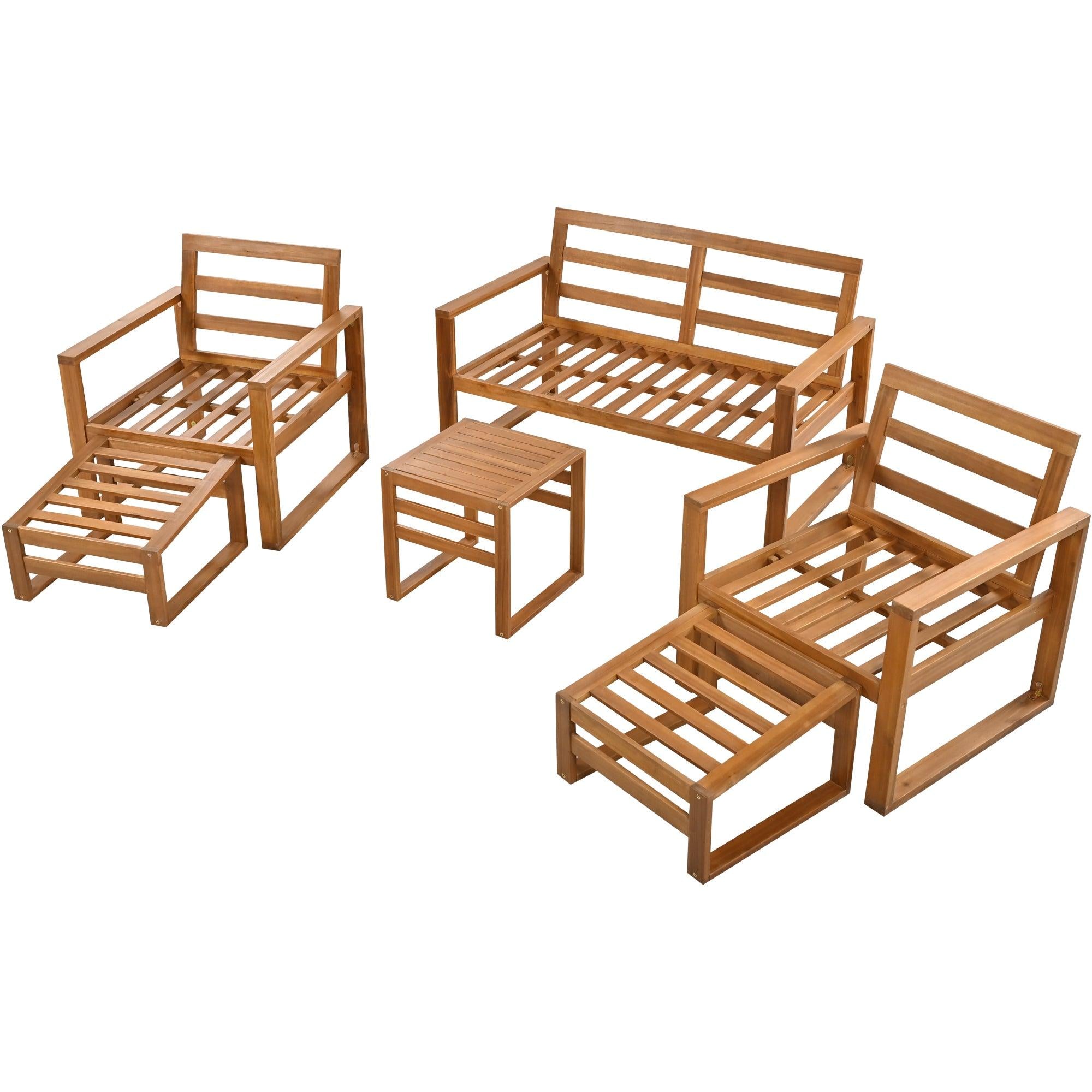 Outdoor Patio Wood 6-Piece Conversation Set, Sectional Garden Seating Groups Chat Set with Ottomans and Cushions for Backyard, Poolside, Balcony, Beige