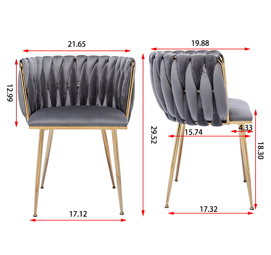 Modern Design Golden Metal Frame Velvet Fabric Dining Chair with Golden Legs,Set of 2,Grey