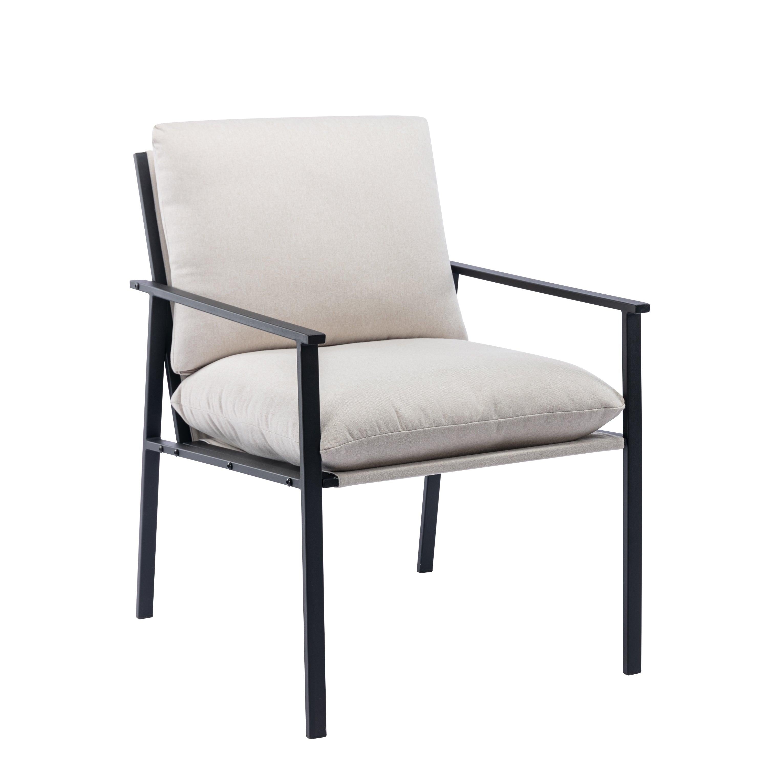 Metal Frame Linen Patio Dining Armchair Accent Chair with Thick Padded Backrest and Seat Cushion for Living Room Bedroom, Off White