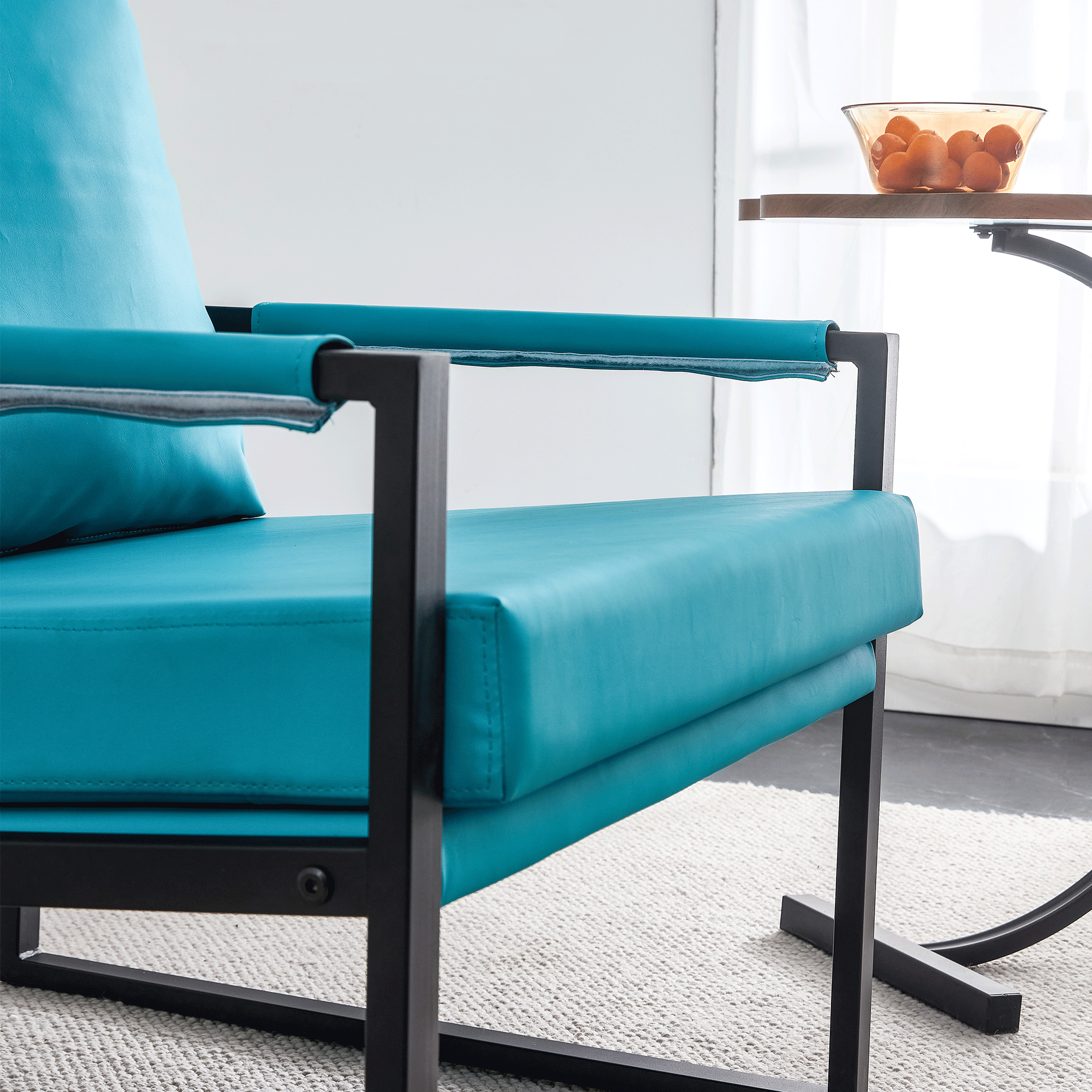 PU Leather Accent Arm Chair Mid CenturyModern Upholstered Armchair with Metal Frame Extra-Thick Padded Backrest and Seat Cushion Sofa Chairs for Living Room ( Cyan PU Leather + Metal + Foam )