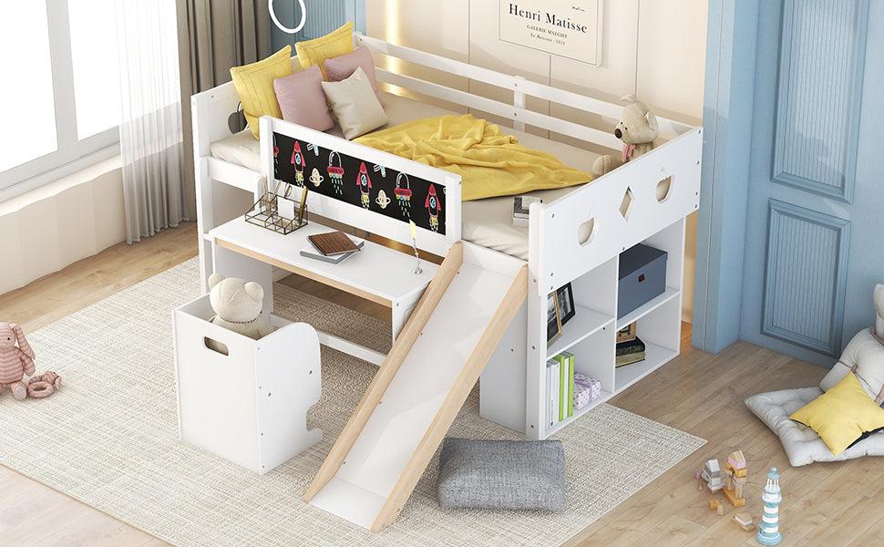 Wood Twin Size Loft Bed with Slide, Cabinets, Blackboard, Desk and Chair, White