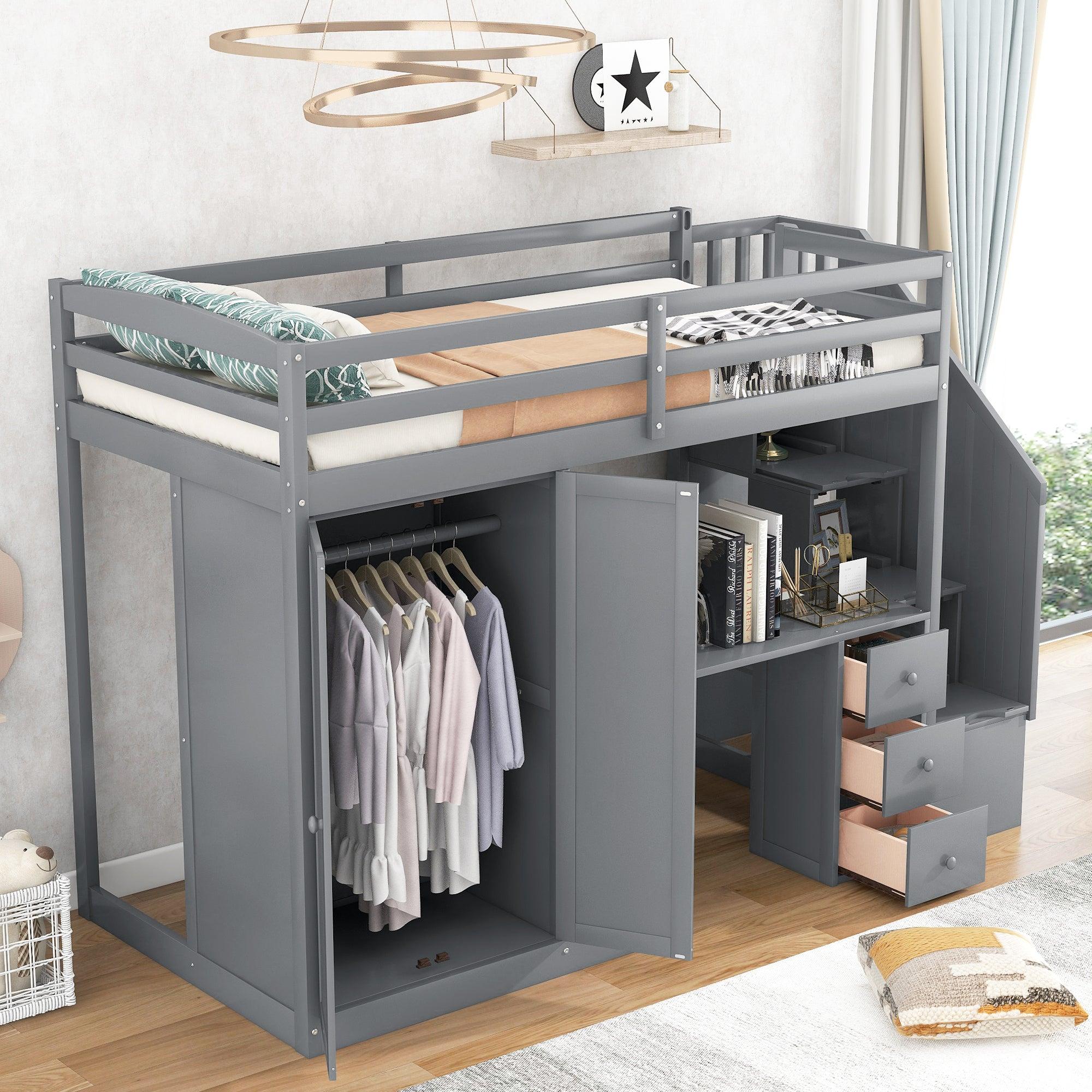 Twin Size Loft Bed with Wardrobe and Staircase, Desk andStorage Drawers and Cabinet in 1,Gray