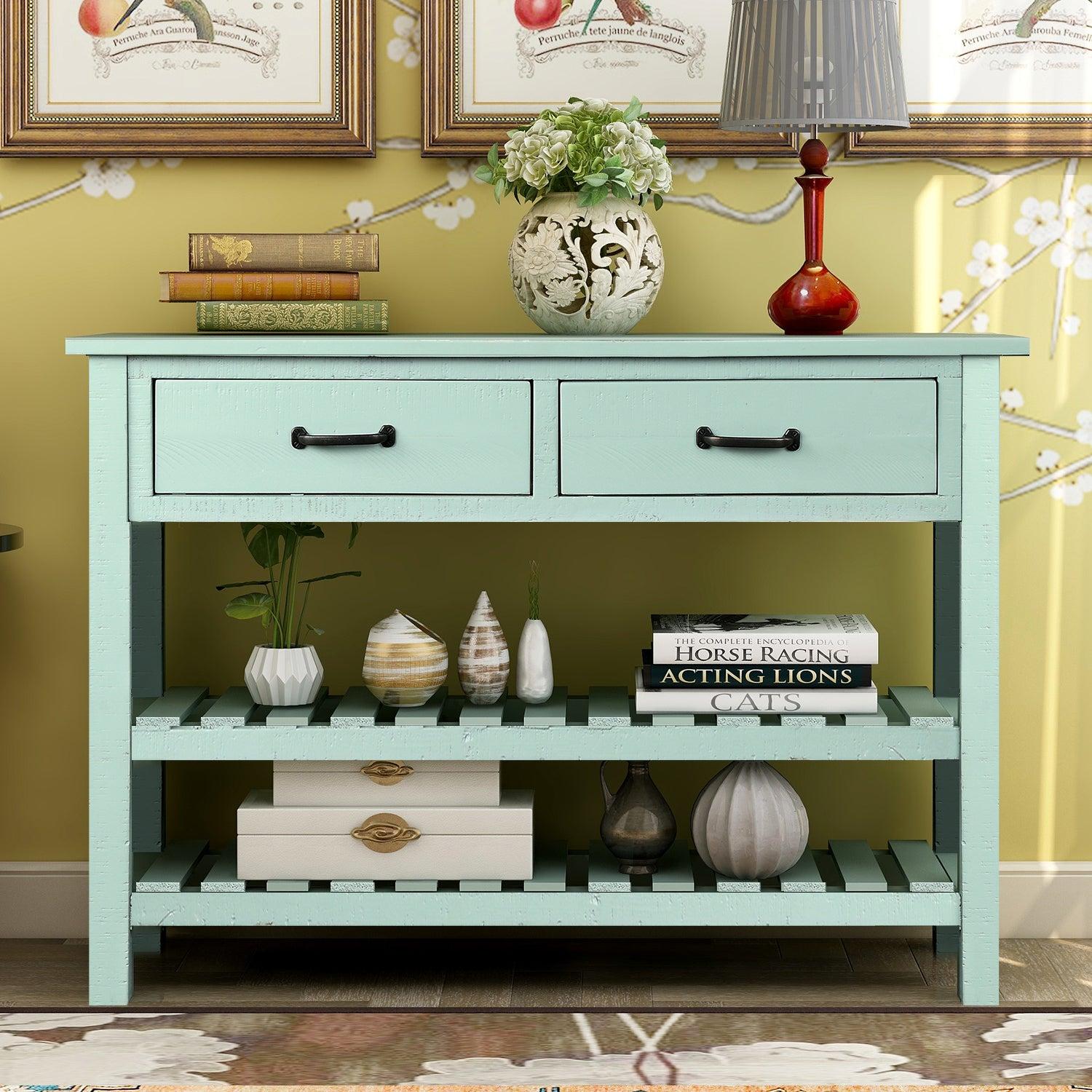 Retro Console Table for Entryway with Drawers and Shelf Living Room Furniture (Antique Blue)