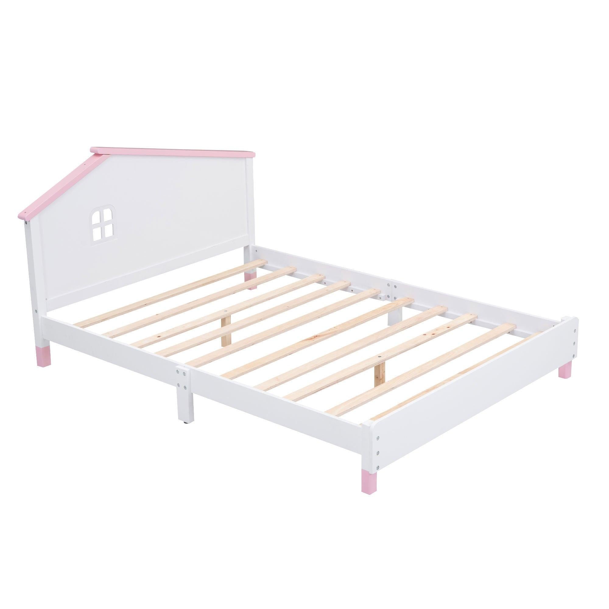 3-Pieces Bedroom Sets Full Size Platform Bed with Nightstand andStorage dresser,White+Pink