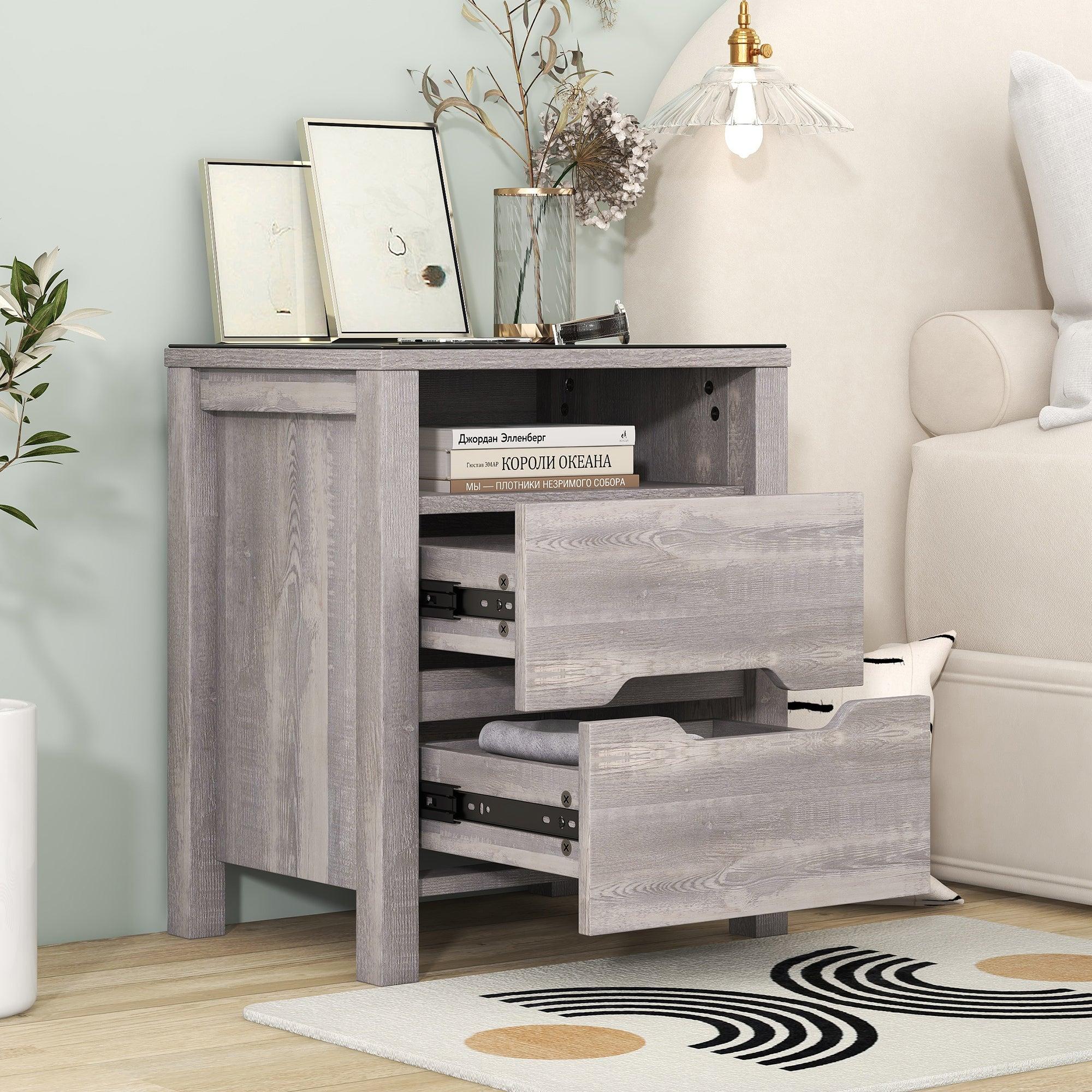 MultifunctionalStorage Nightstand with 2 Drawers and an open shelf, Wireless Charging with adjustable LED, Brown