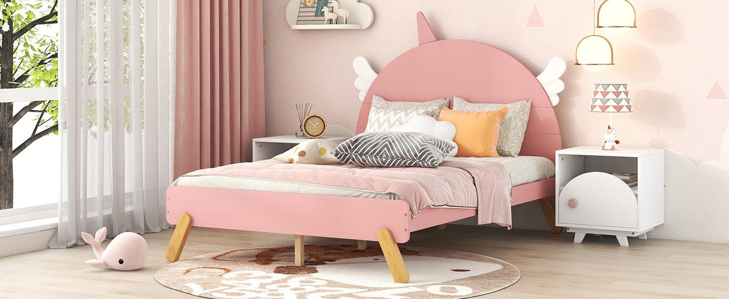 Wooden Cute Bed With Unicorn Shape Headboard,Full Size Platform Bed,Pink