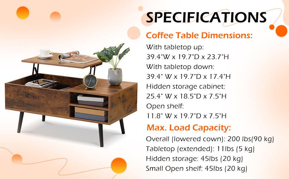 39.4 Inch Lift Top Coffee Table withStorage Shelf and Hidden Compartment, Wooden Rising Coffee Tabletop Computer Table for Living Room and Reception Room