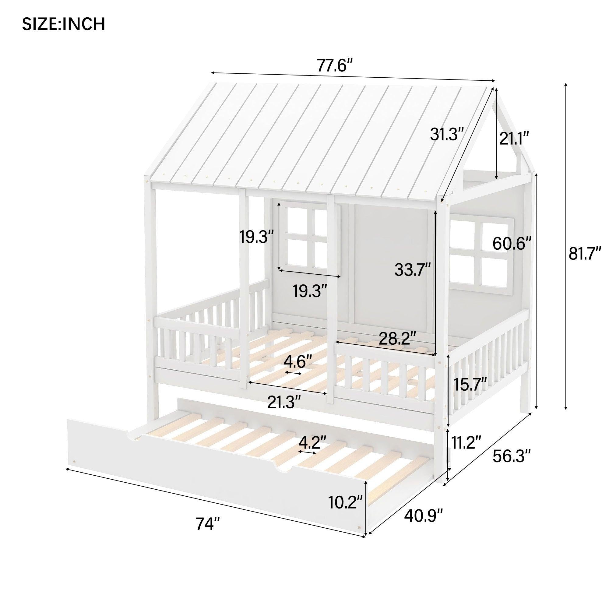 Full Size Wood House Bed With Twin Size Trundle, Wooden Daybed, White