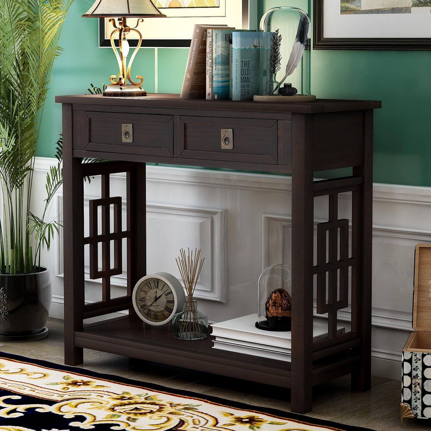 Console Table with 2 Drawers and Bottom Shelf, Entryway Accent Sofa Table (Espresso) image