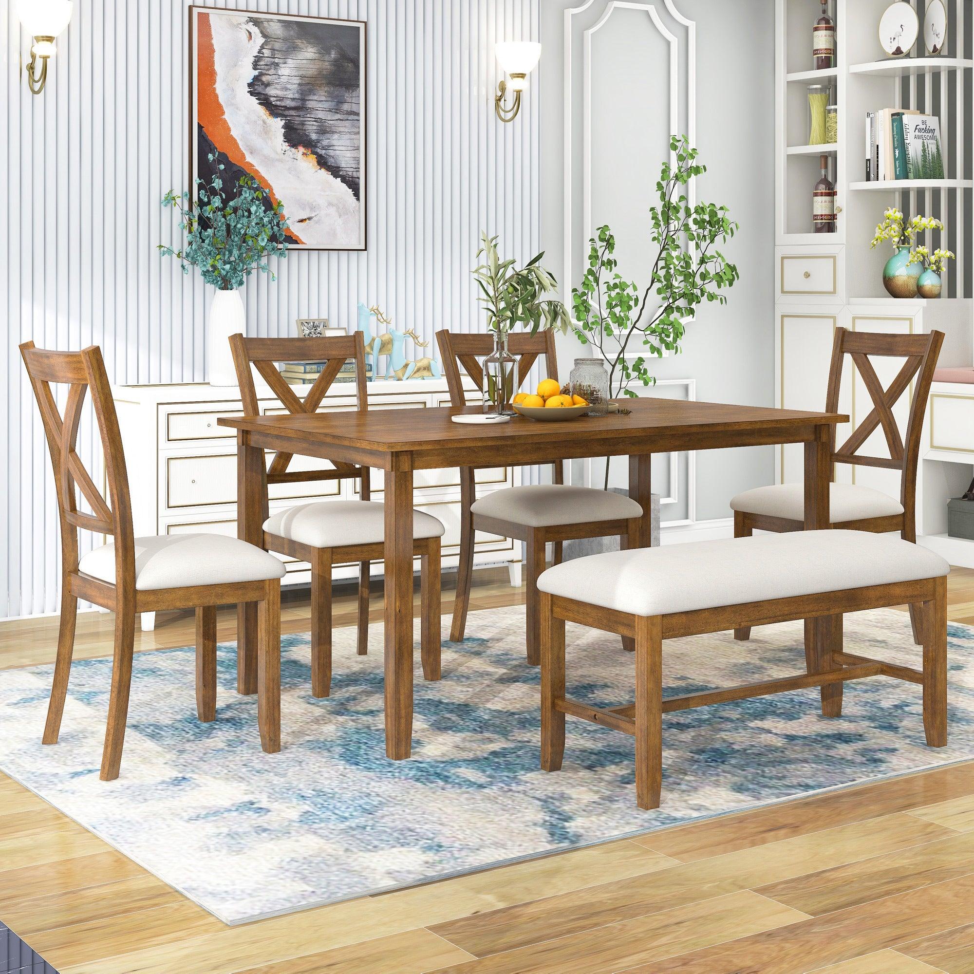 6-Piece Kitchen Dining Table Set Wooden Rectangular Dining Table, 4 Fabric Chairs and Bench Family Furniture (Natural Cherry)