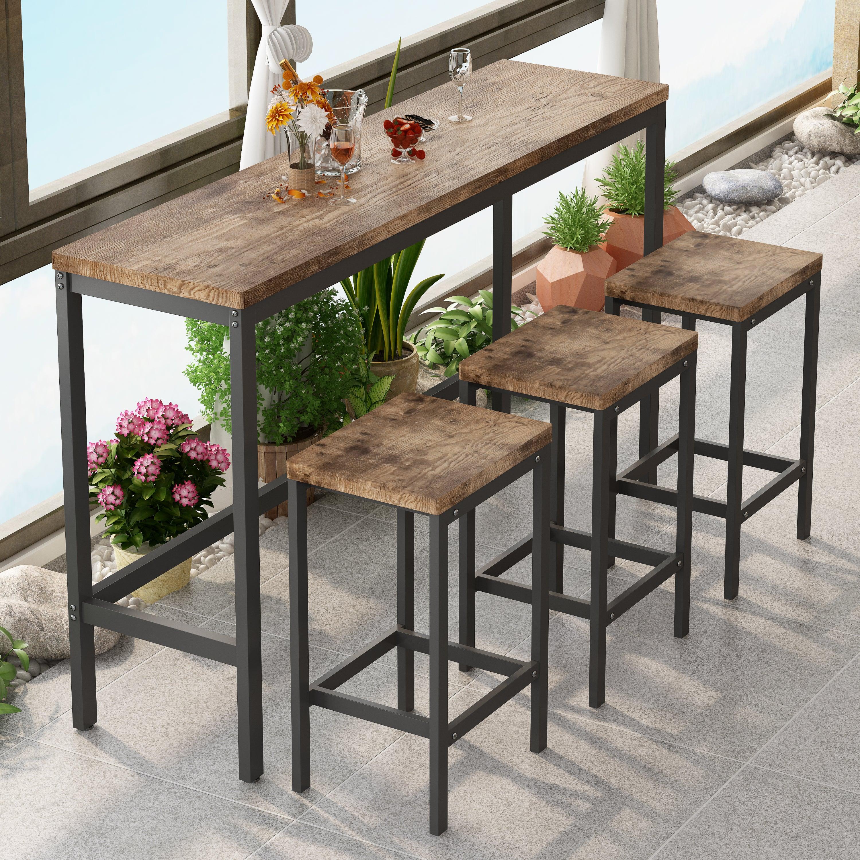 Modern Design Kitchen Dining Table，Pub Table，Long Dining Table Set with 3 Stools，Easy Assembly， Natural