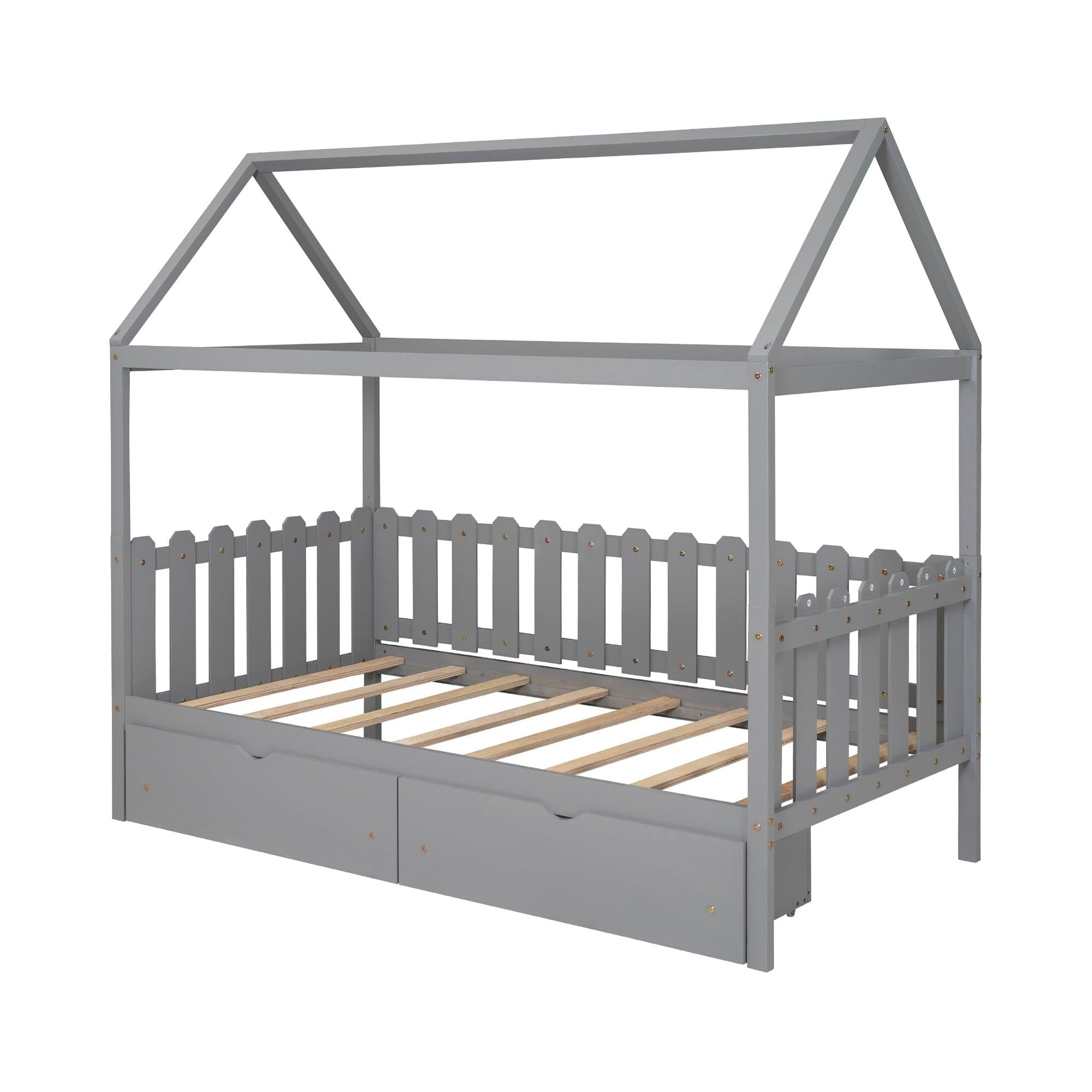 Twin Size House Bed with drawers, Fence-shaped Guardrail, Gray