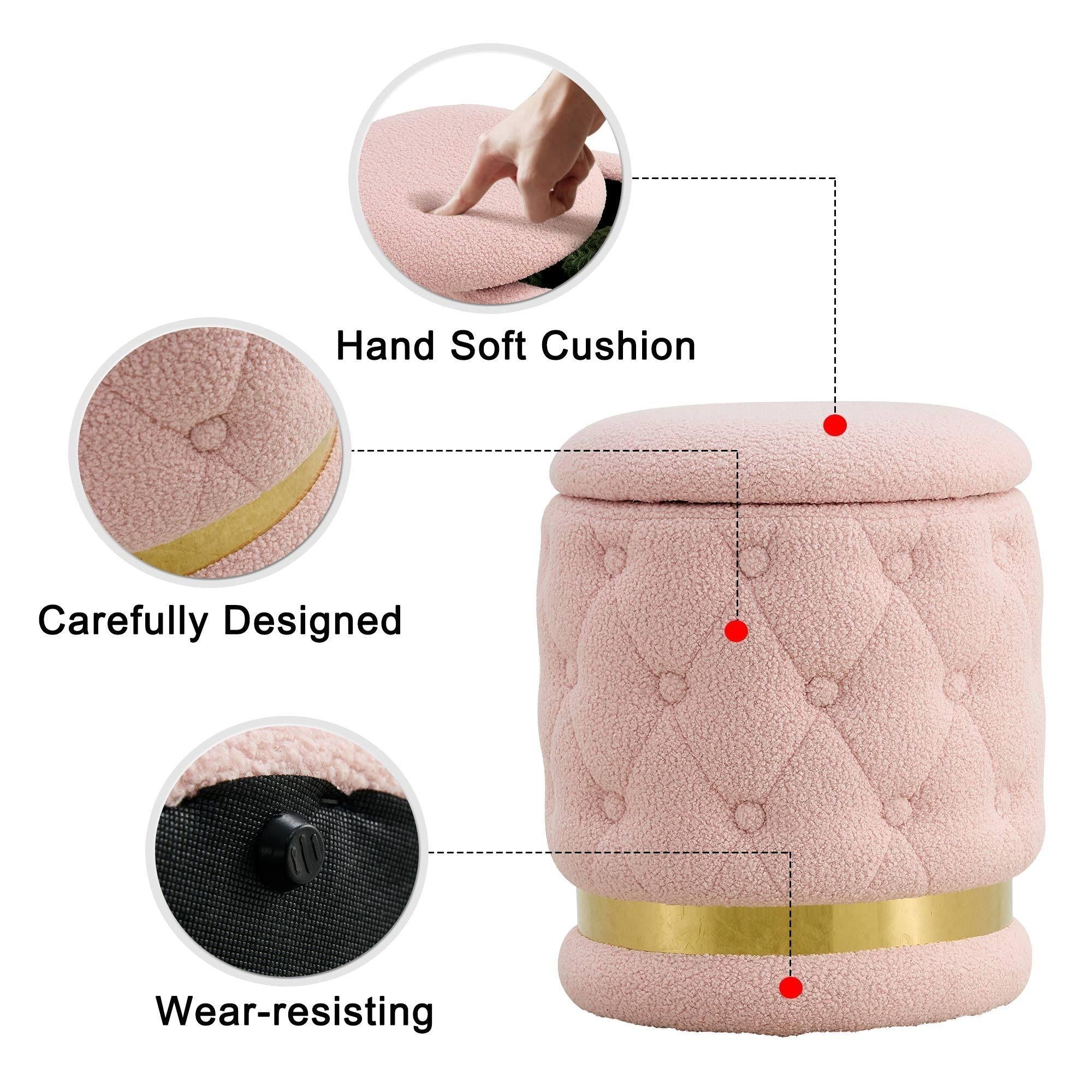 Chair Pink Round-shape Teddy velvet Makeup Stool Footstool, chair withStorage space .Applicable to living room dresser kitchen bedroom dining room