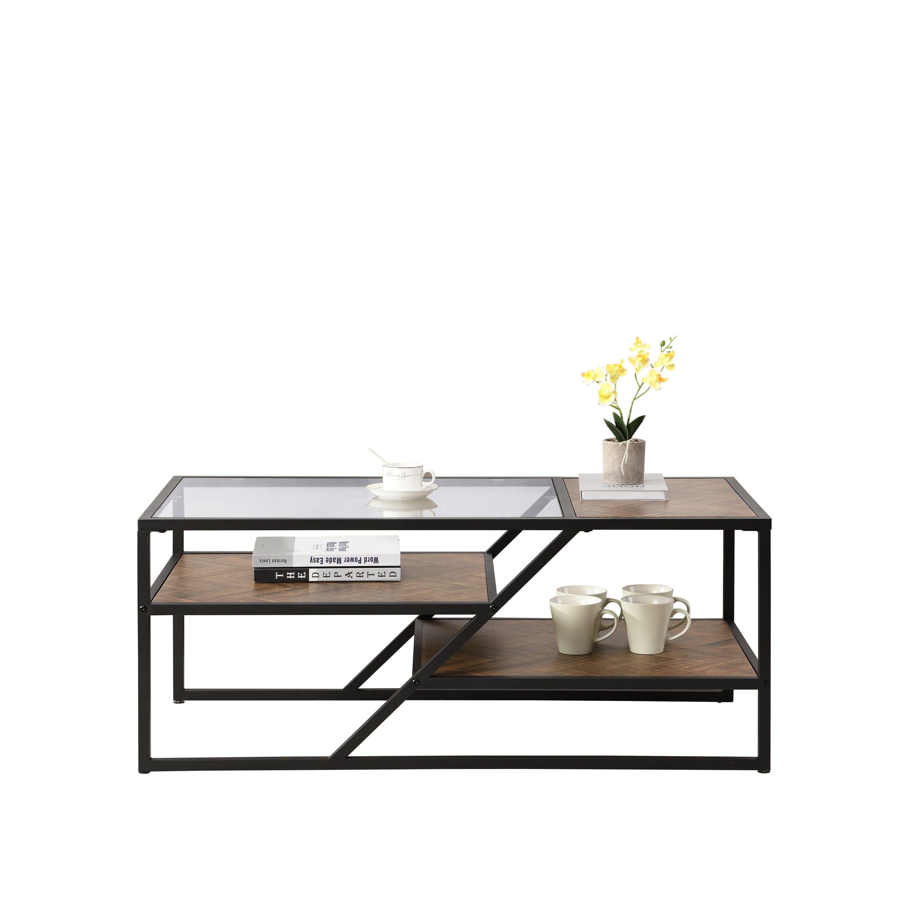 Black Coffee Table withStorage Shelf, Tempered Glass Coffee Table with Metal Frame for Living Room&Bedroom