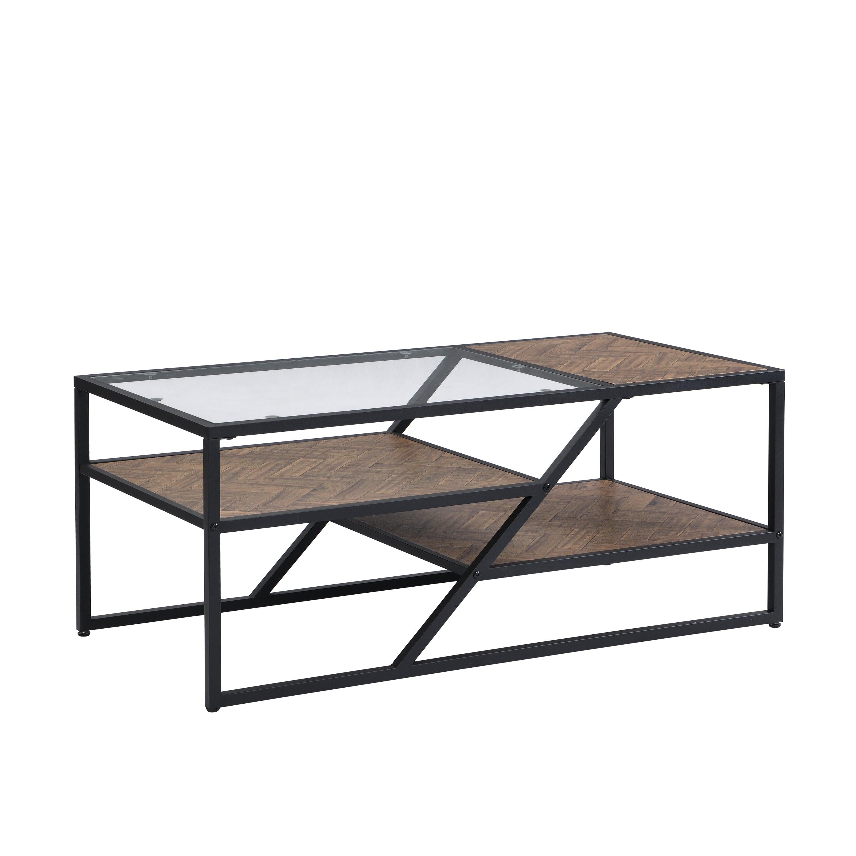 Black Coffee Table withStorage Shelf, Tempered Glass Coffee Table with Metal Frame for Living Room&Bedroom