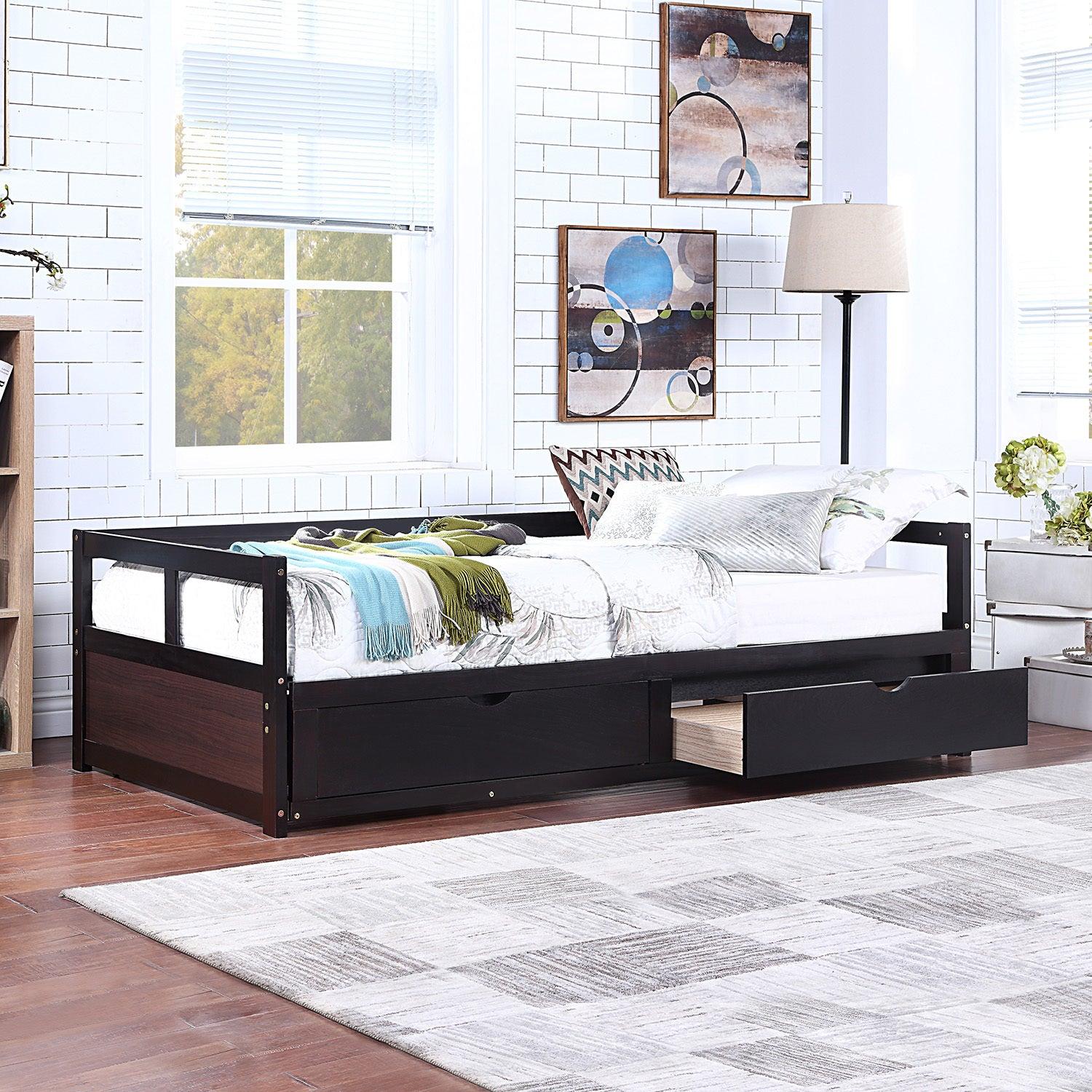 Wooden Daybed with Trundle Bed and TwoStorage Drawers , Extendable Bed Daybed,Sofa Bed for Bedroom Living Room,Espresso