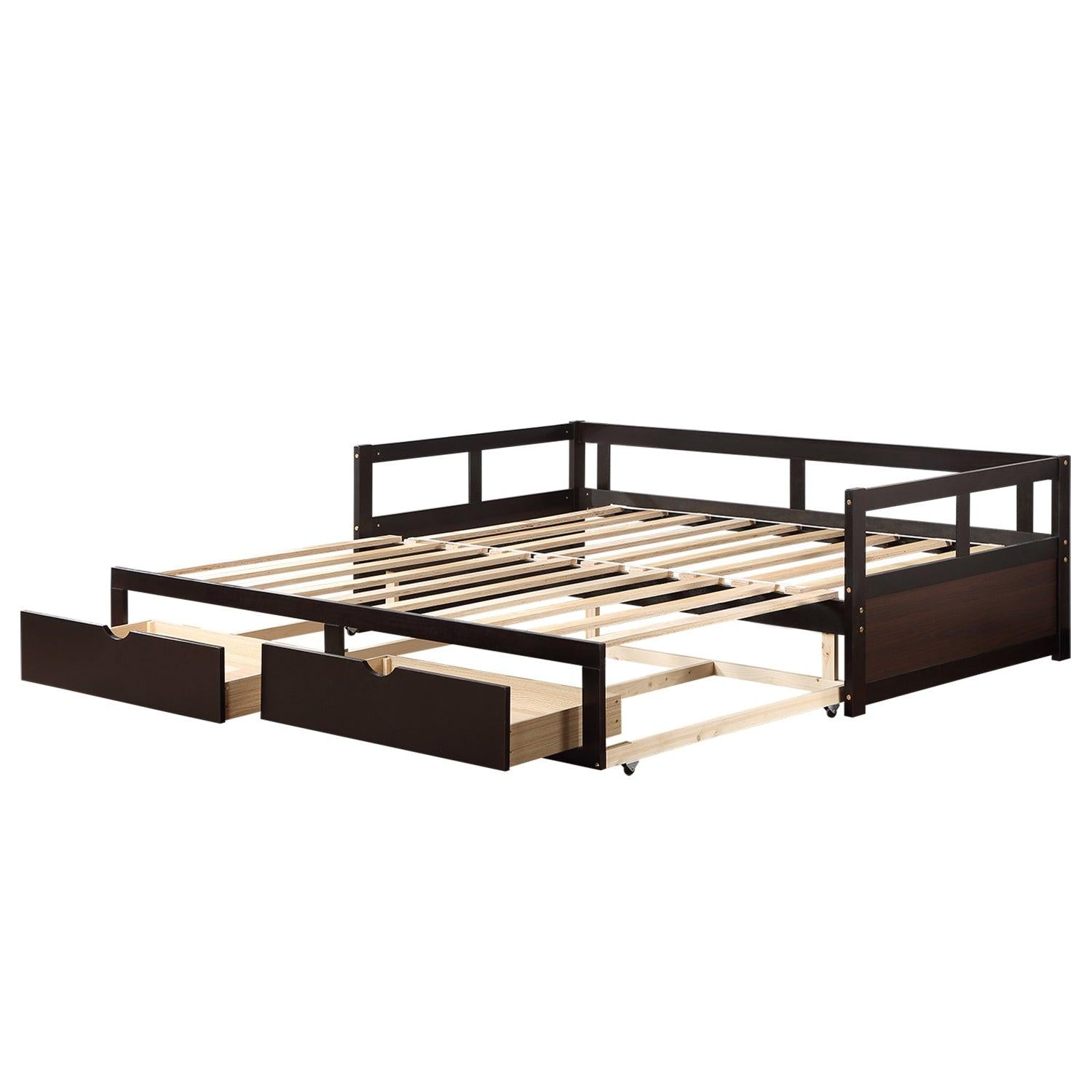 Wooden Daybed with Trundle Bed and TwoStorage Drawers , Extendable Bed Daybed,Sofa Bed for Bedroom Living Room,Espresso