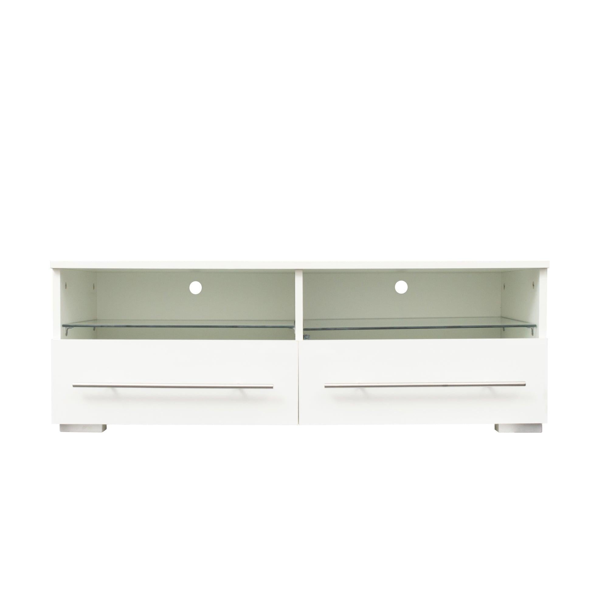 White TV cabinet has two drawers with dual end color-changing LED light strip