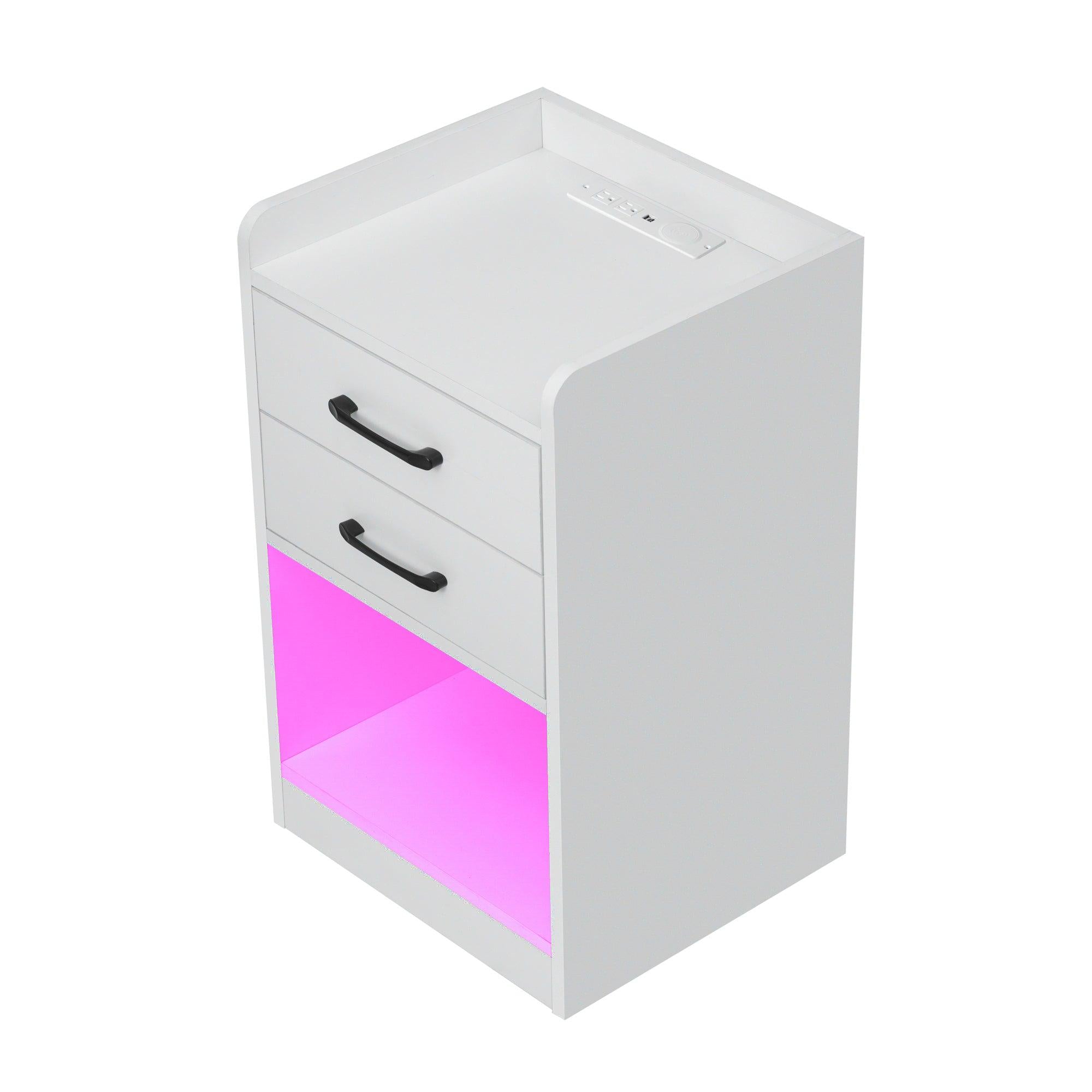 Nightstand with 2 Drawers and Cabinet,USB Charging Ports,Wireless Charging and Remote Control LED Light-White