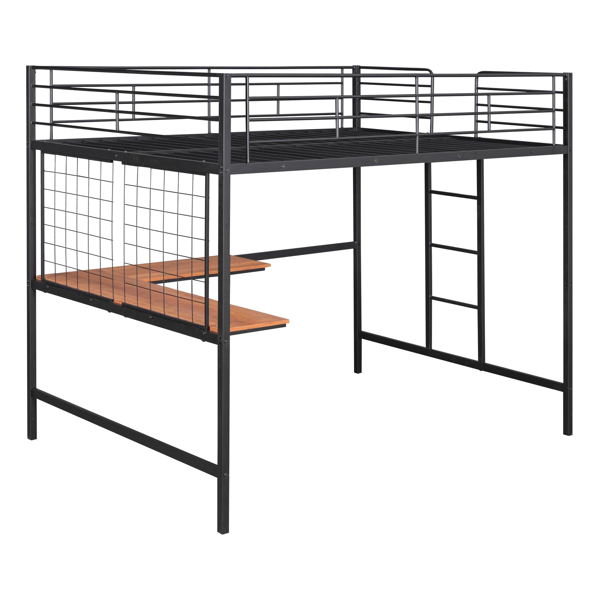 Full Metal Loft Bed with Desk and Metal Grid, Black