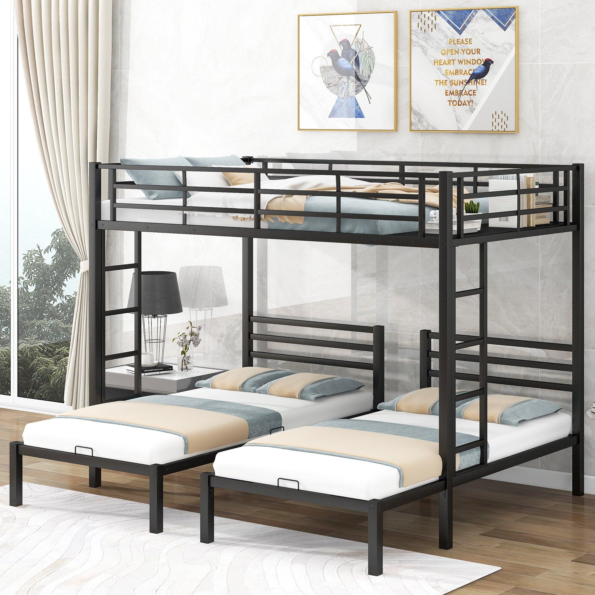 Full over Twin&Twin Size Bunk Bed with Built-in Shelf, Black