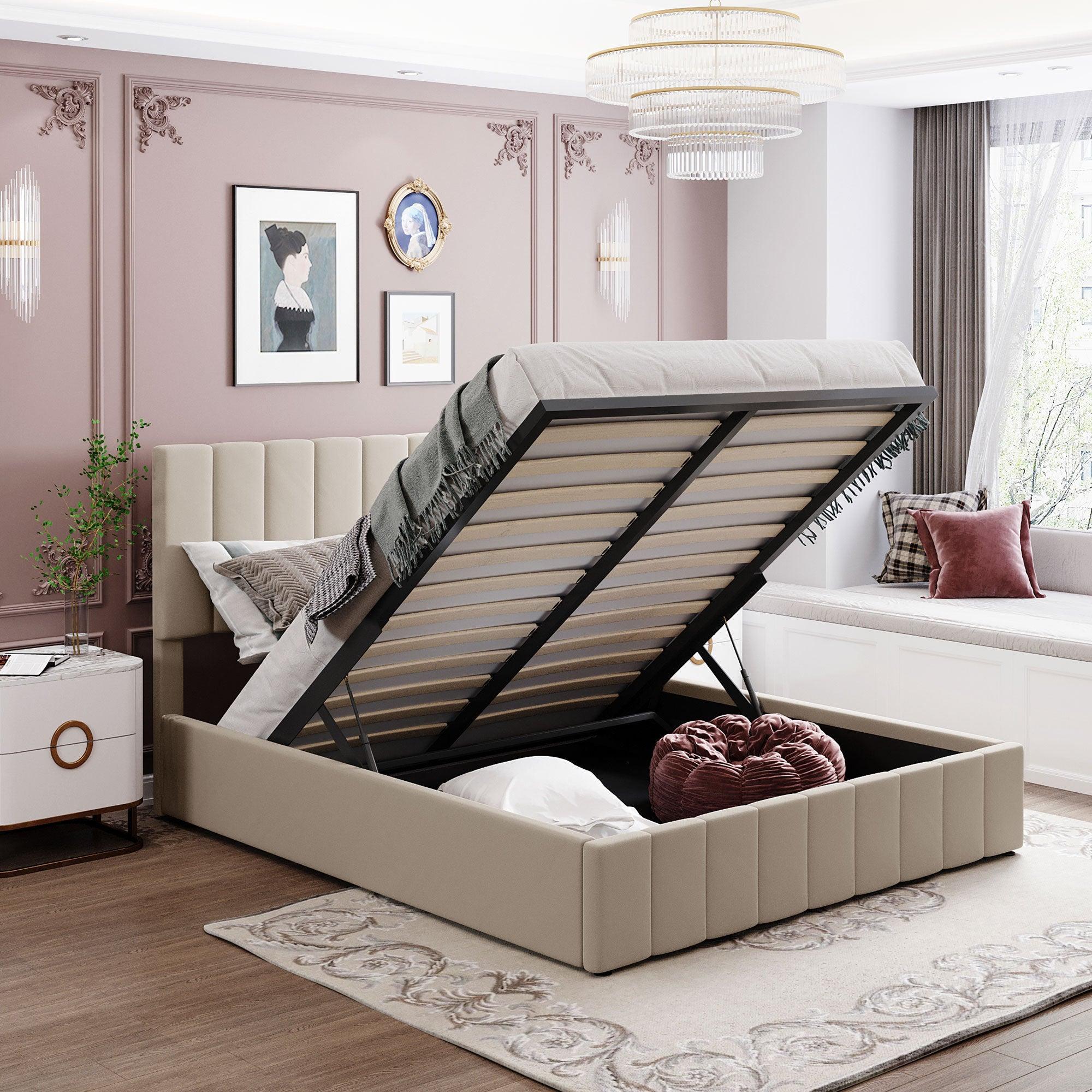 Queen size Upholstered Platform bed with a HydraulicStorage System - Beige image