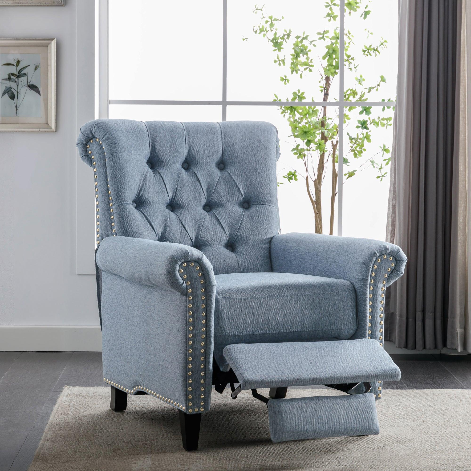 Pushback Linen Tufted Recliner Single Sofa with Nailheads Roll Arm for Living Room, Bedroom, Office, Blue