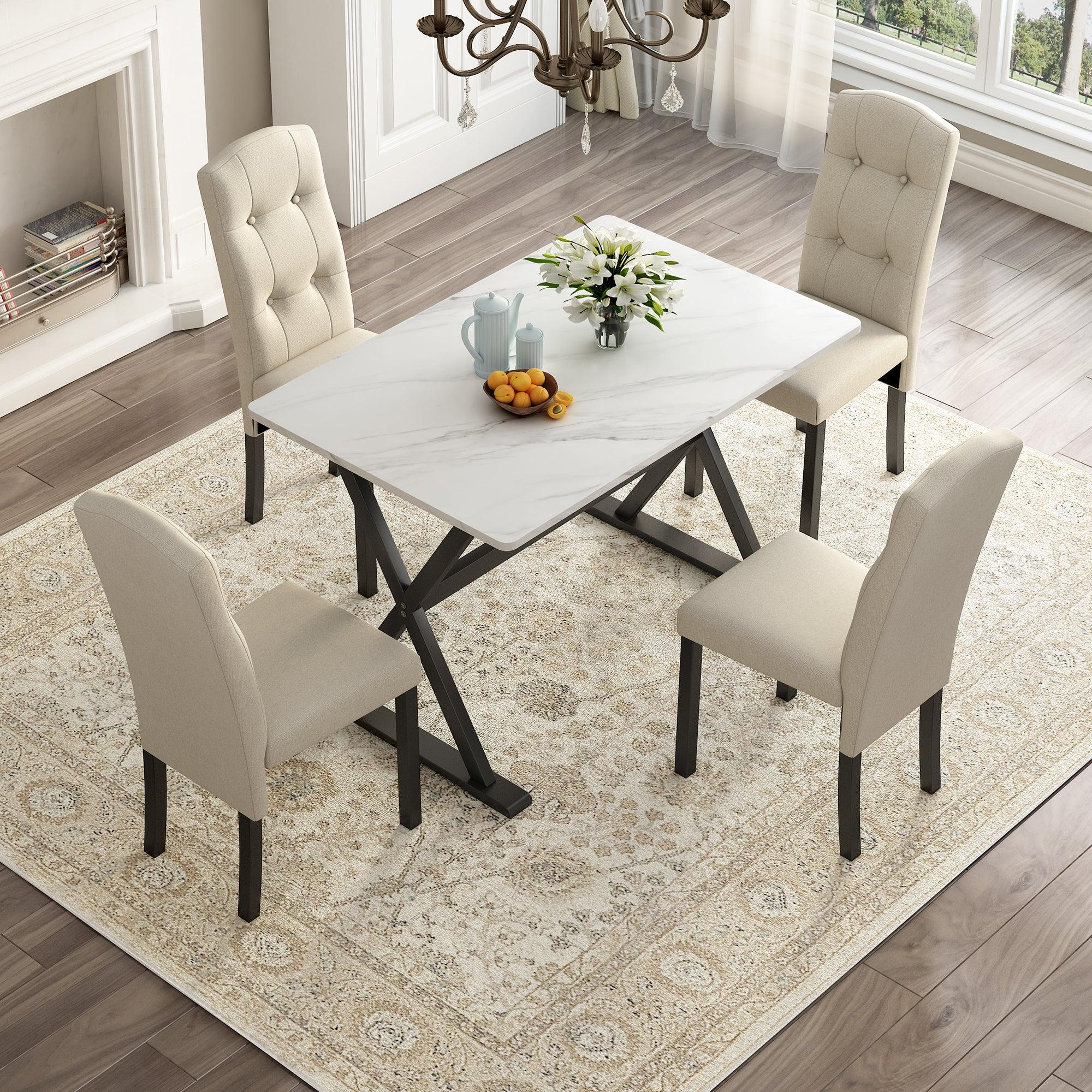 Solid Wood 5-Piece Dining Table Set with Faux Marble Tabletop and Upholstered Dining Chairs for 4, Faux Marble White+Beige