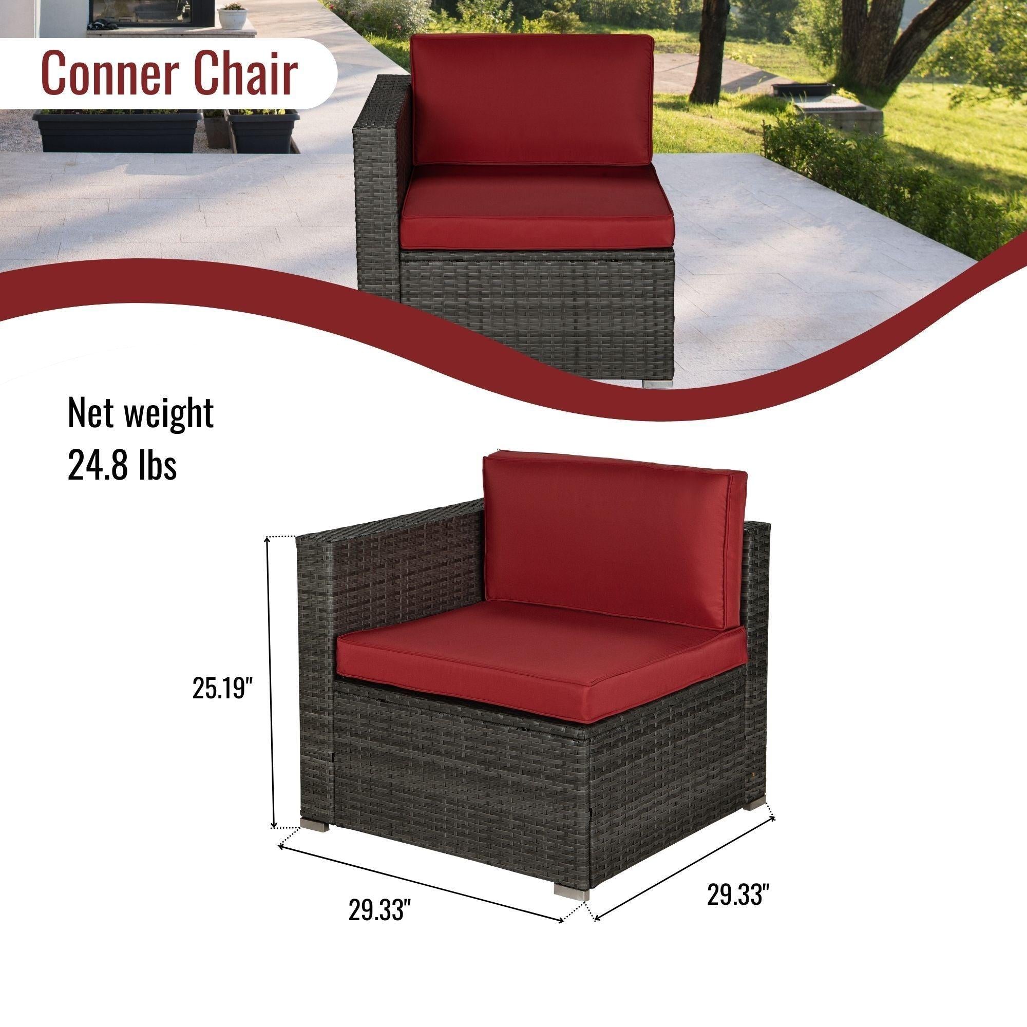 Outdoor Garden Patio Furniture 8-Piece Gray PE Rattan Wicker Sectional Red Cushioned Sofa Sets