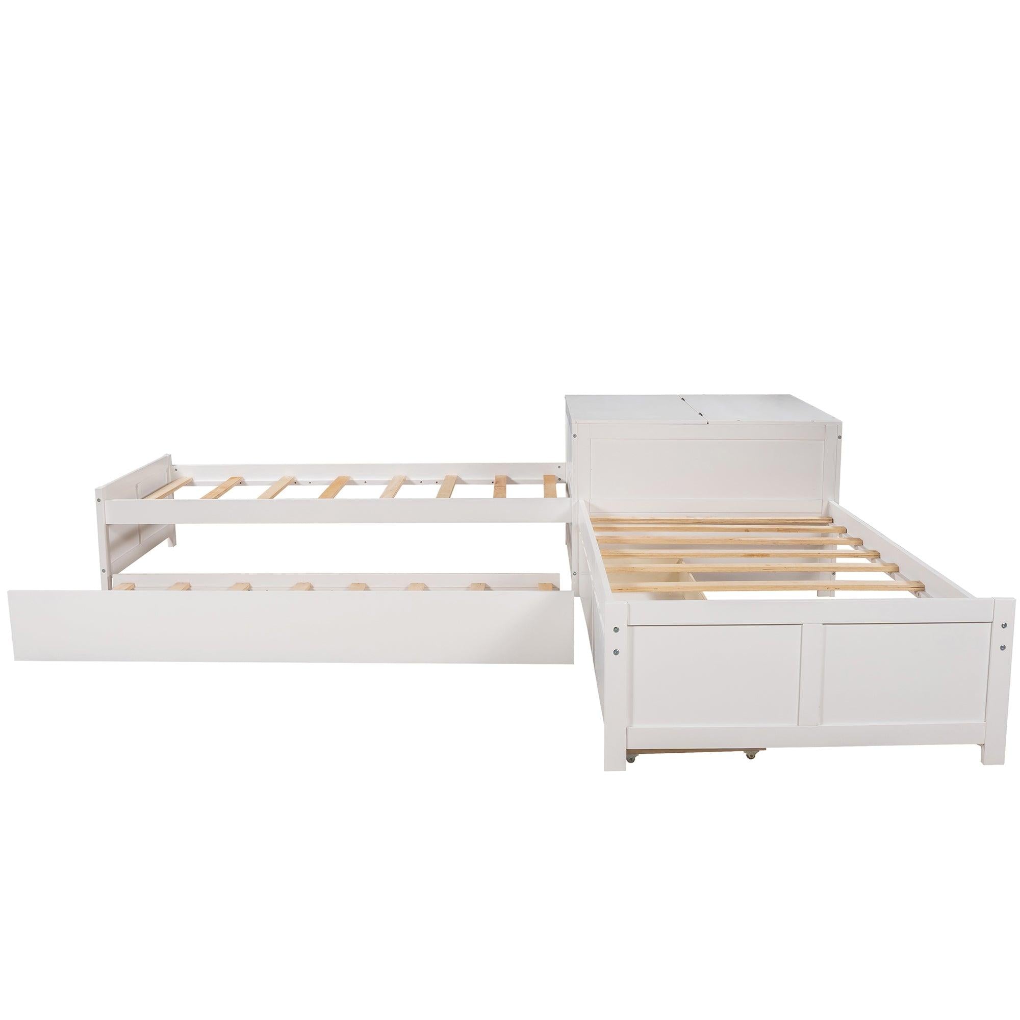 L-shaped Platform Bed with Trundle and Drawers Linked with built-in Flip Square Table,Twin,White