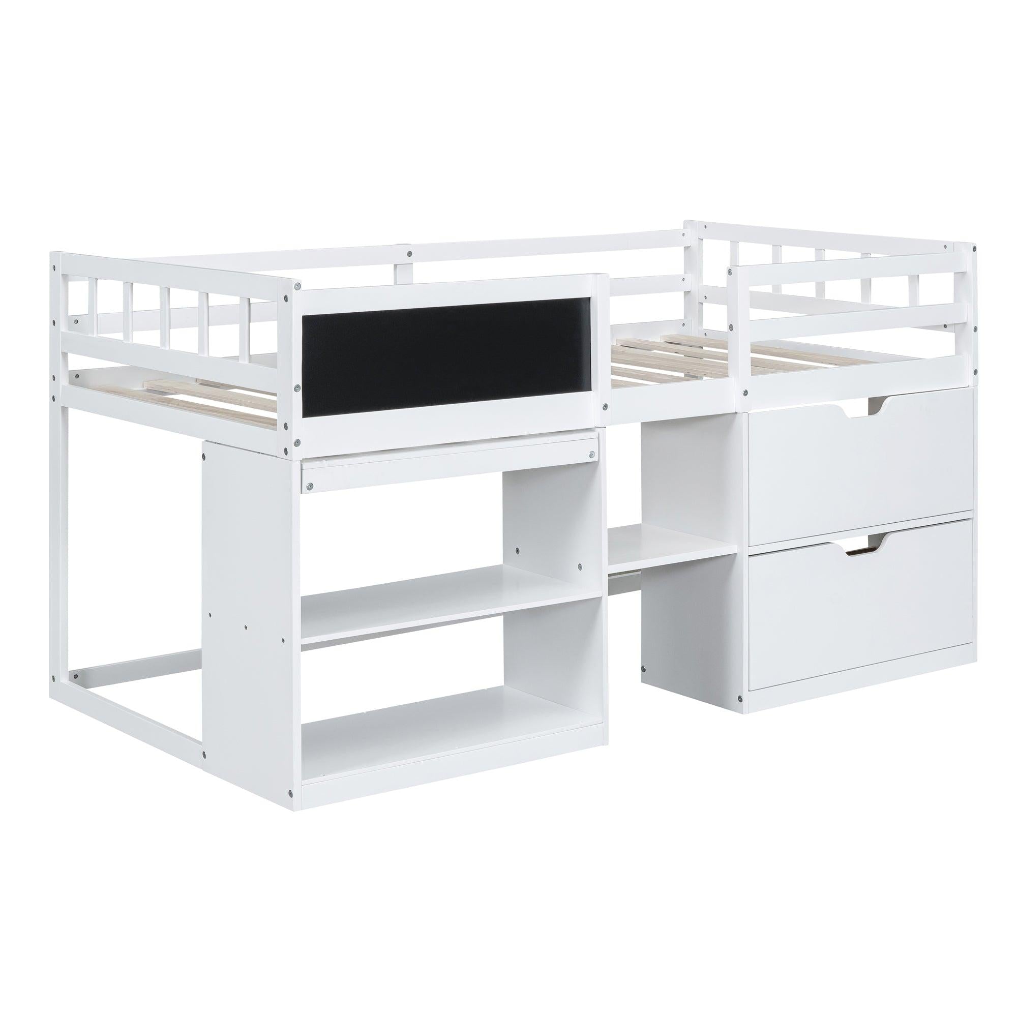 Twin Size Low Loft Bed with Rolling Desk, Shelf and Drawers - White