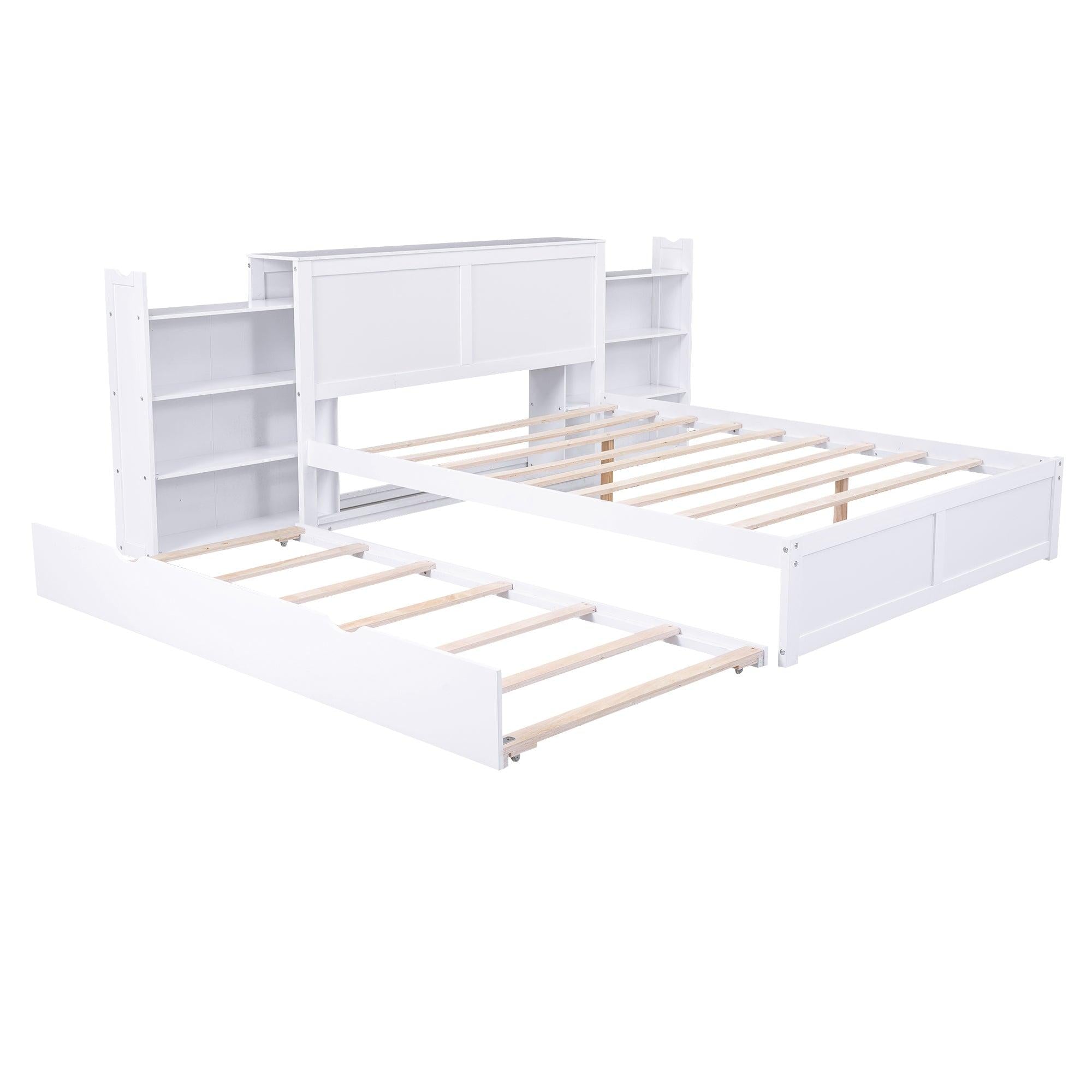 Queen SizeStorage Platform Bed with Pull Out Shelves and Twin Size Trundle, White