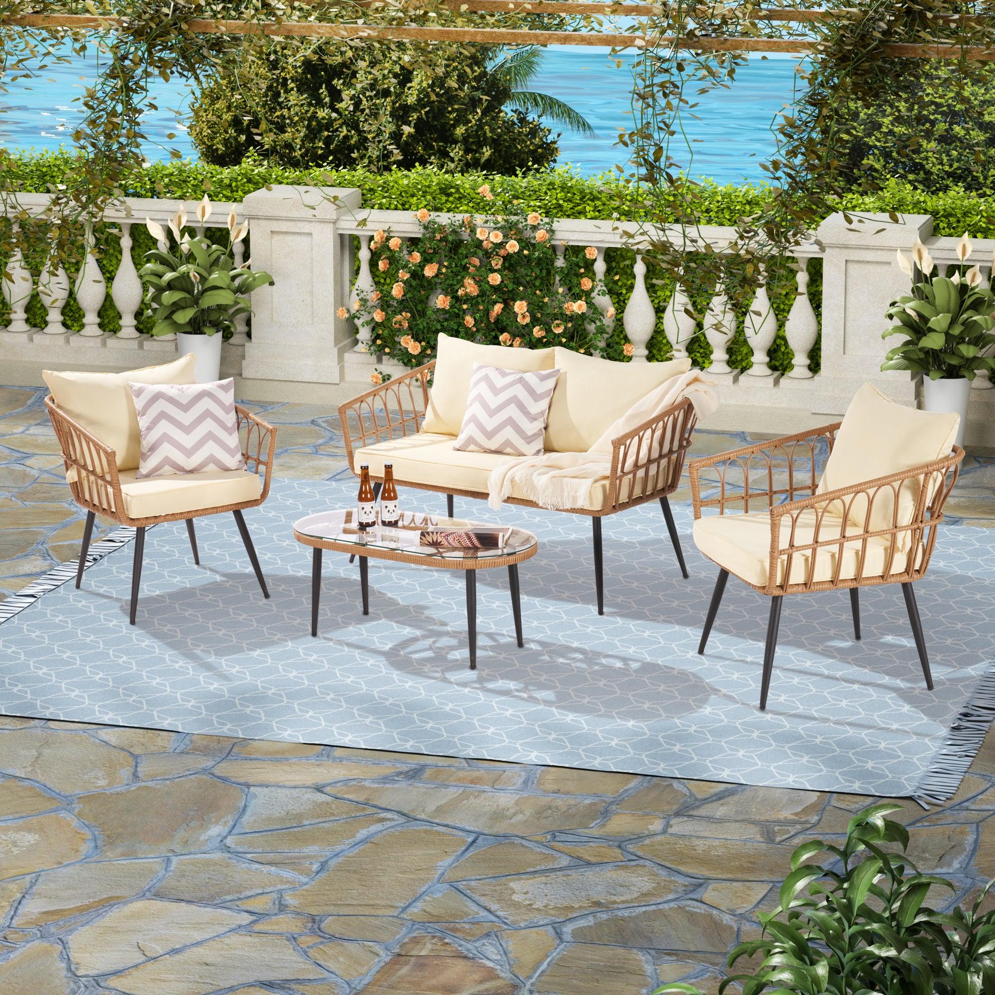 Outdoor Garden Rattan Furniture Sofa Set 3 Pieces Sofa And 1 Piece Table image