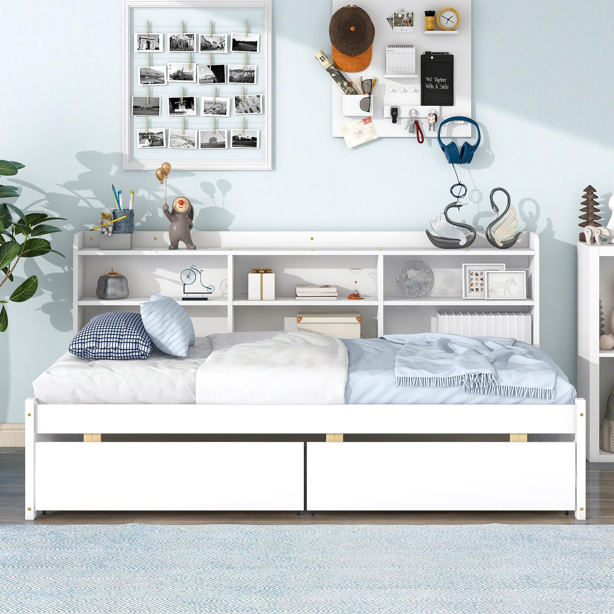 Twin Bed with Side Bookcase, Drawers,White