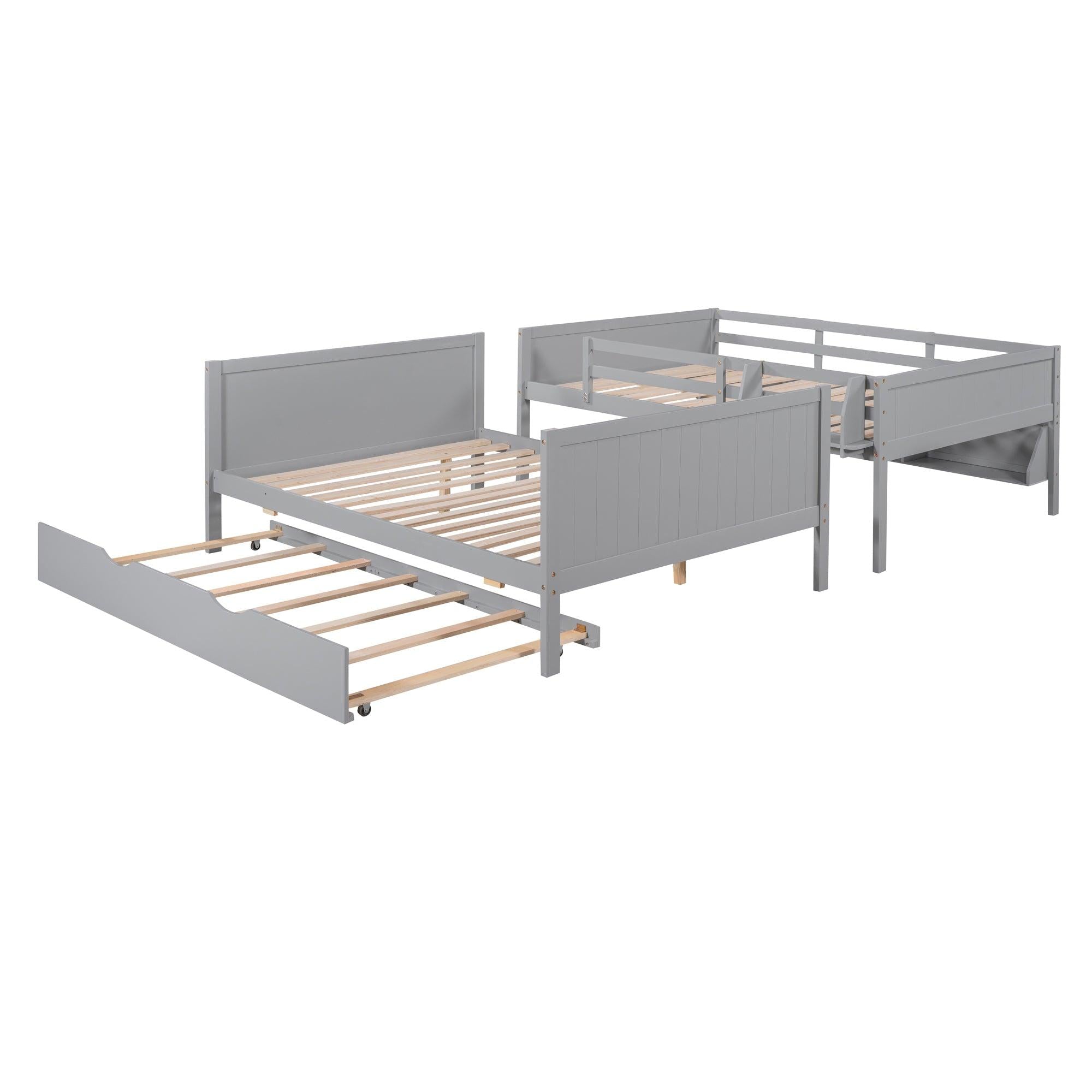 Full-Over-Full Bunk Bed with Twin size Trundle , Separable Bunk Bed with Bookshelf for Bedroom-Gray