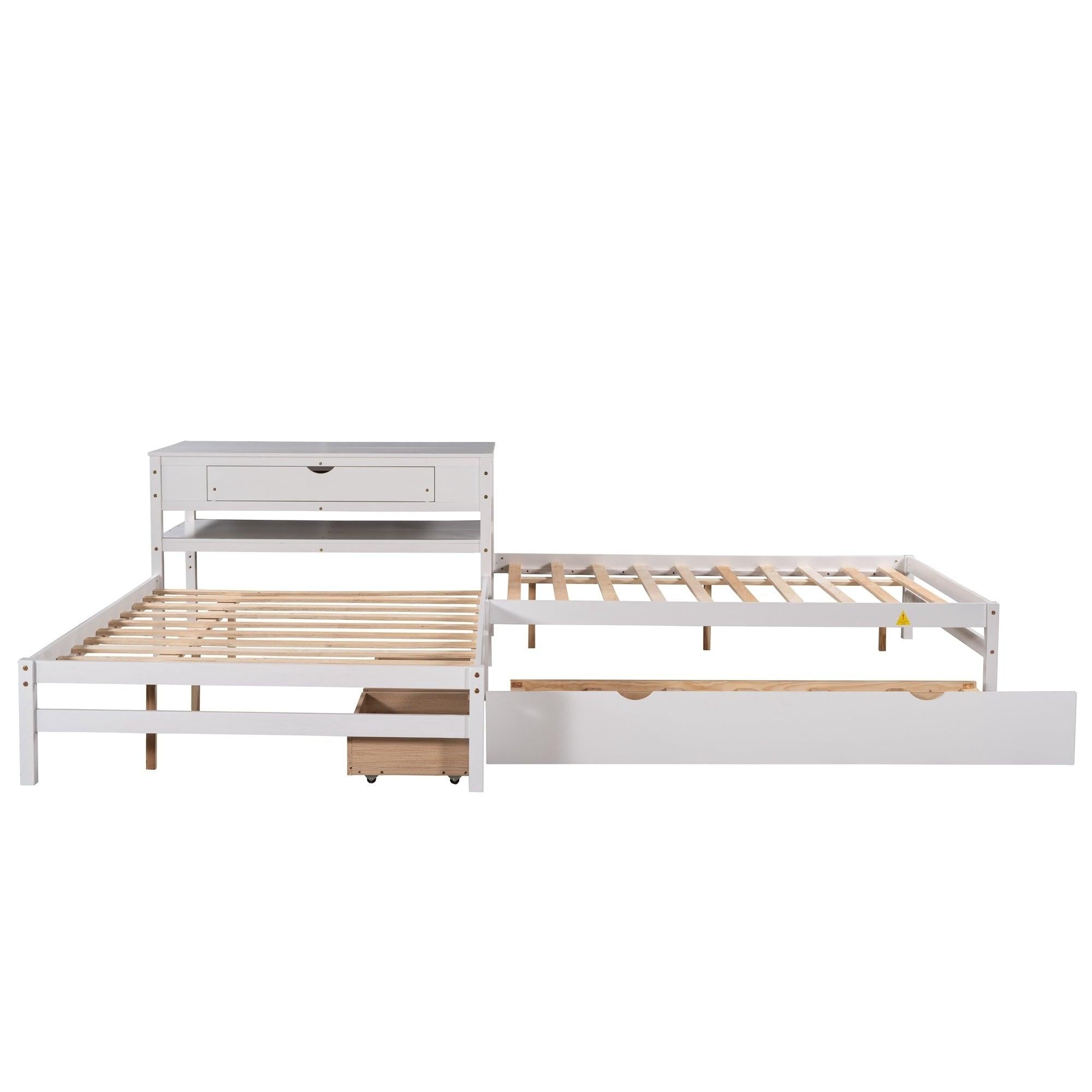 Full Size L-shaped Platform Beds with Twin Size Trundle and Drawers Linked with Built-in Rectangle Table,White