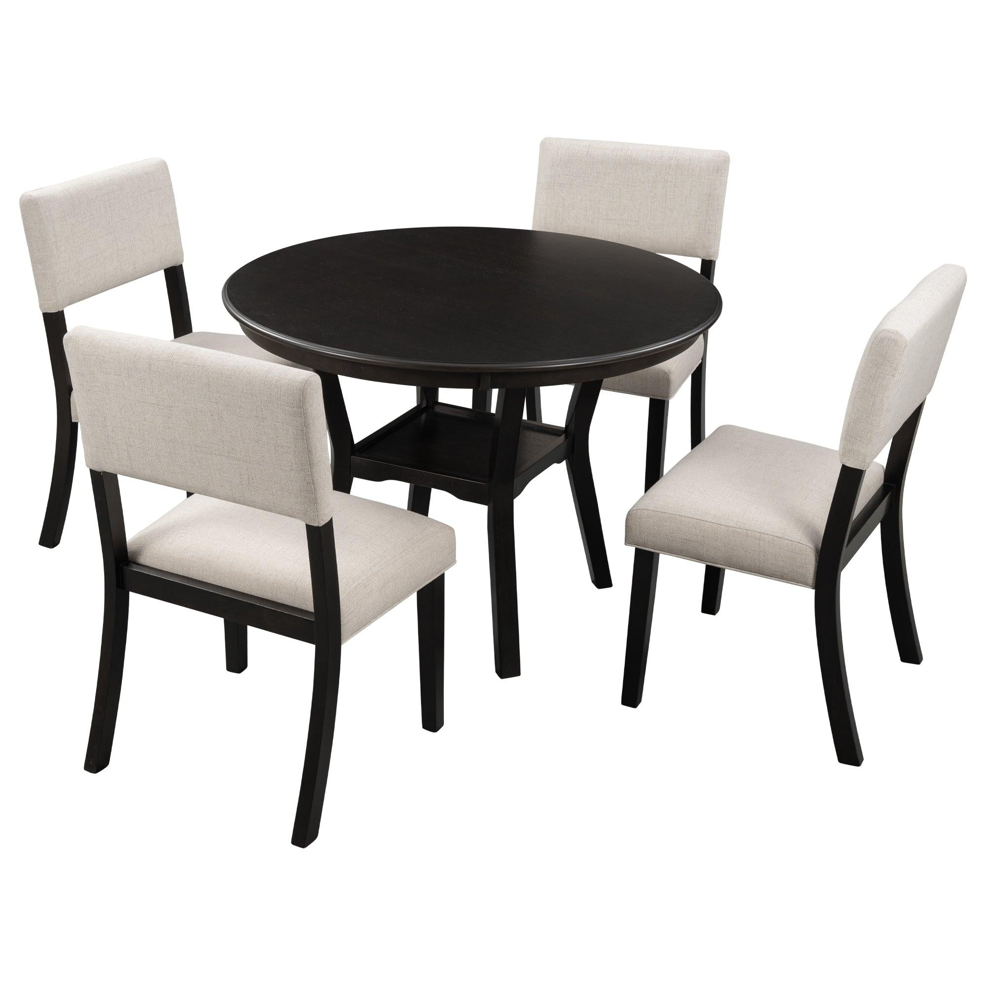 5-Piece Kitchen Dining Table Set Round Table with Bottom Shelf, 4 Upholstered Chairs for Dining Room（Espresso）