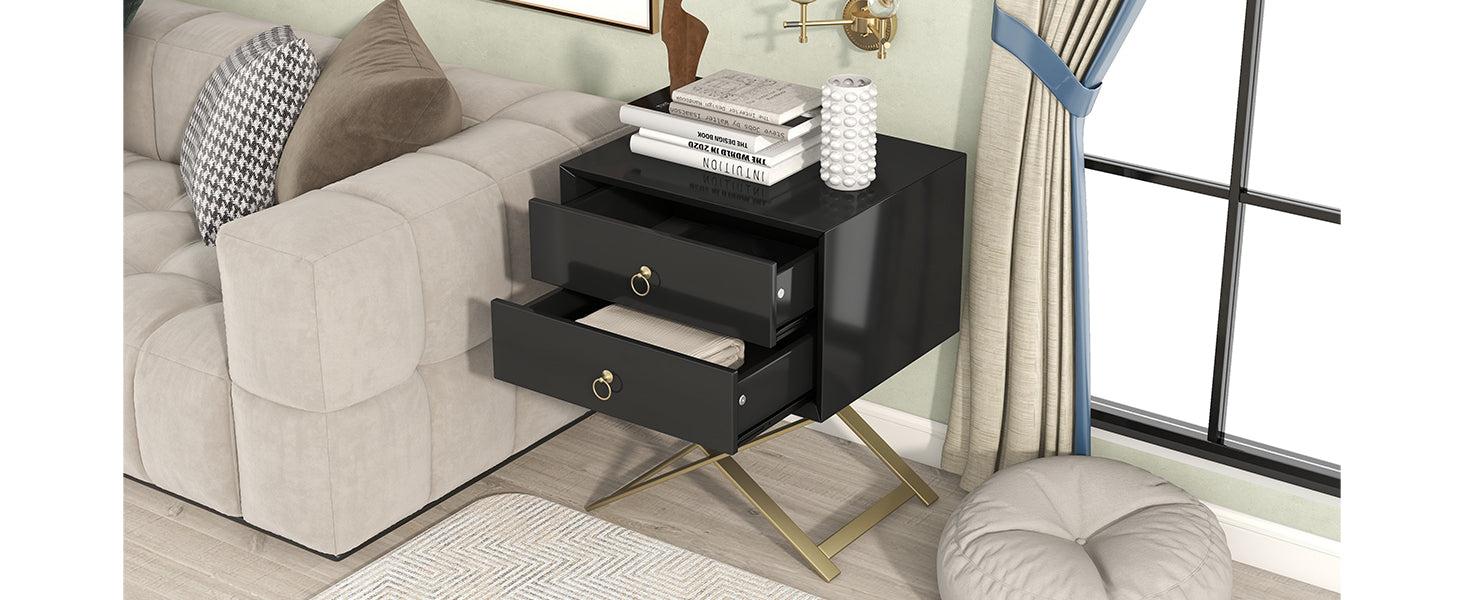 Nightstand with 2 Drawers & lden Handle，Storage Bedside Table- Black