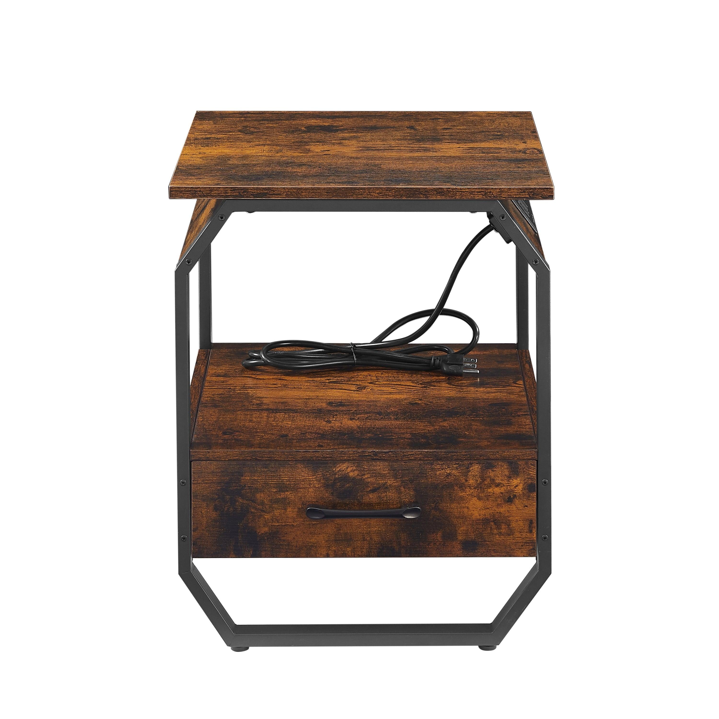 End table Side table with Charging Station,sofa side table with drawers, bedside table for bedroom.(Rustic Brown,17.3’’W*17.9’’D*21.2’’H)