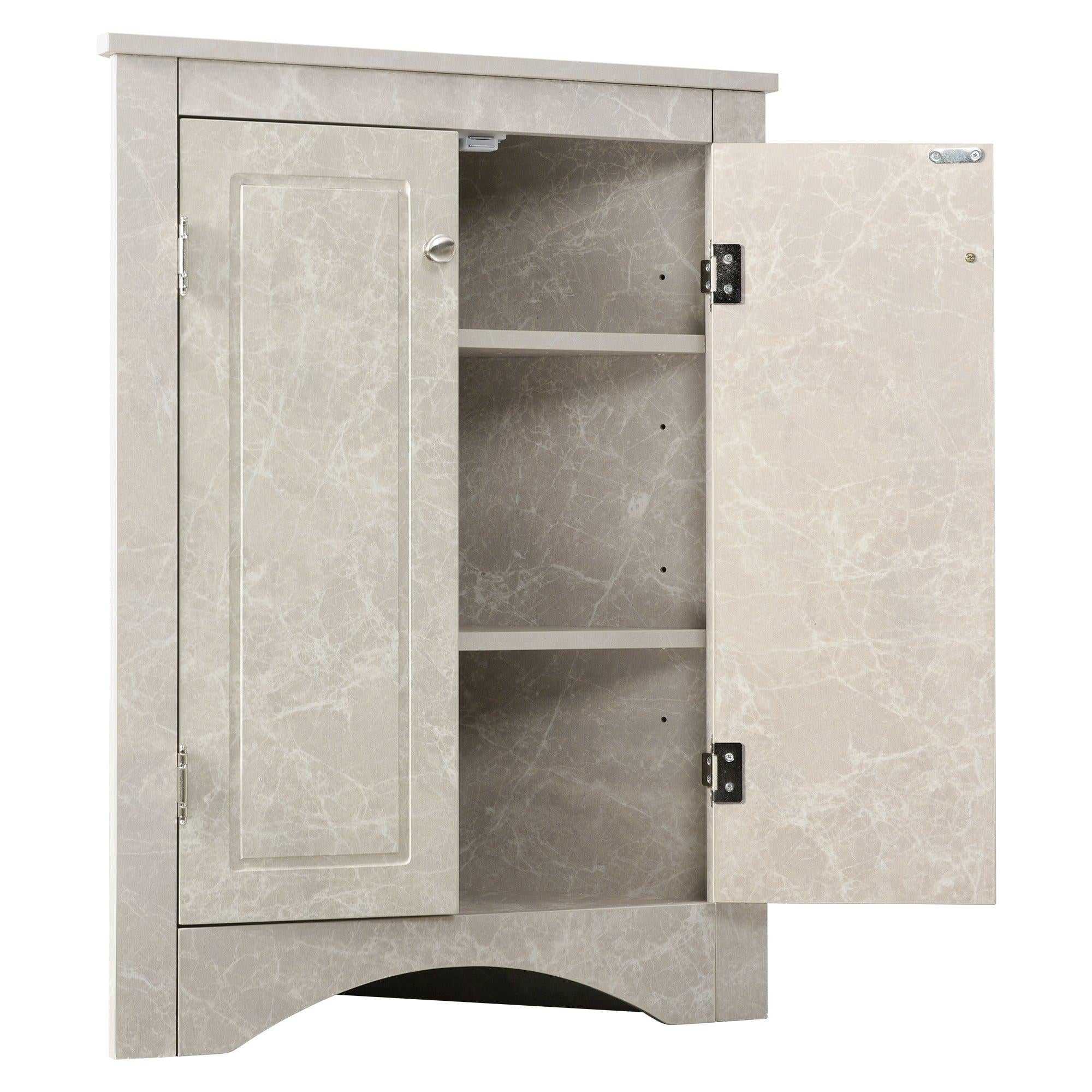 White Marble Triangle BathroomStorage Cabinet with Adjustable Shelves, Freestanding Floor Cabinet for Home Kitchen