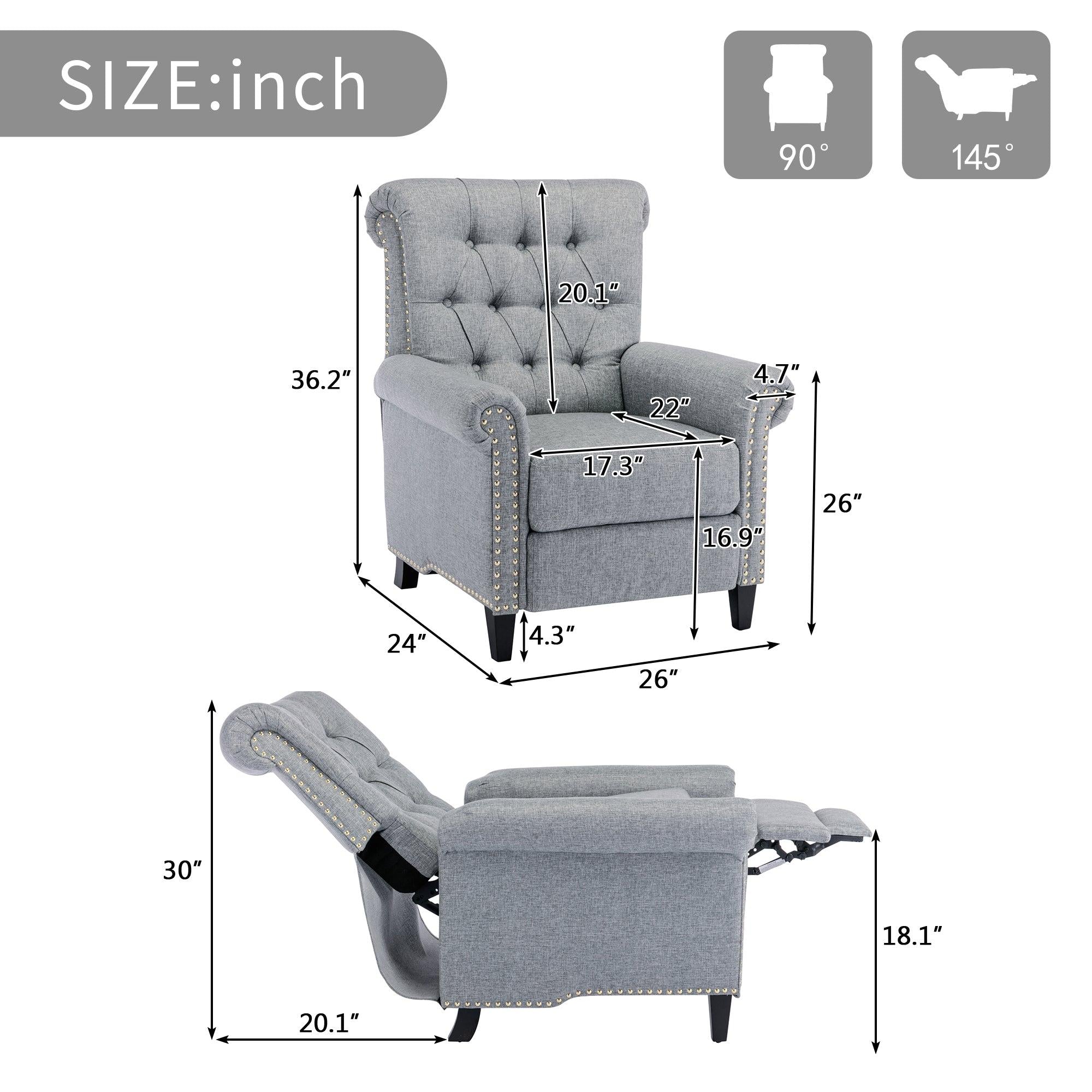 Pushback Linen Tufted Recliner Single Sofa with Nailheads Roll Arm for Living Room, Bedroom, Office, Gray