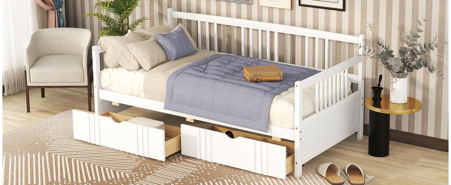 Twin Size Daybed Wood Bed with Two Drawers,White