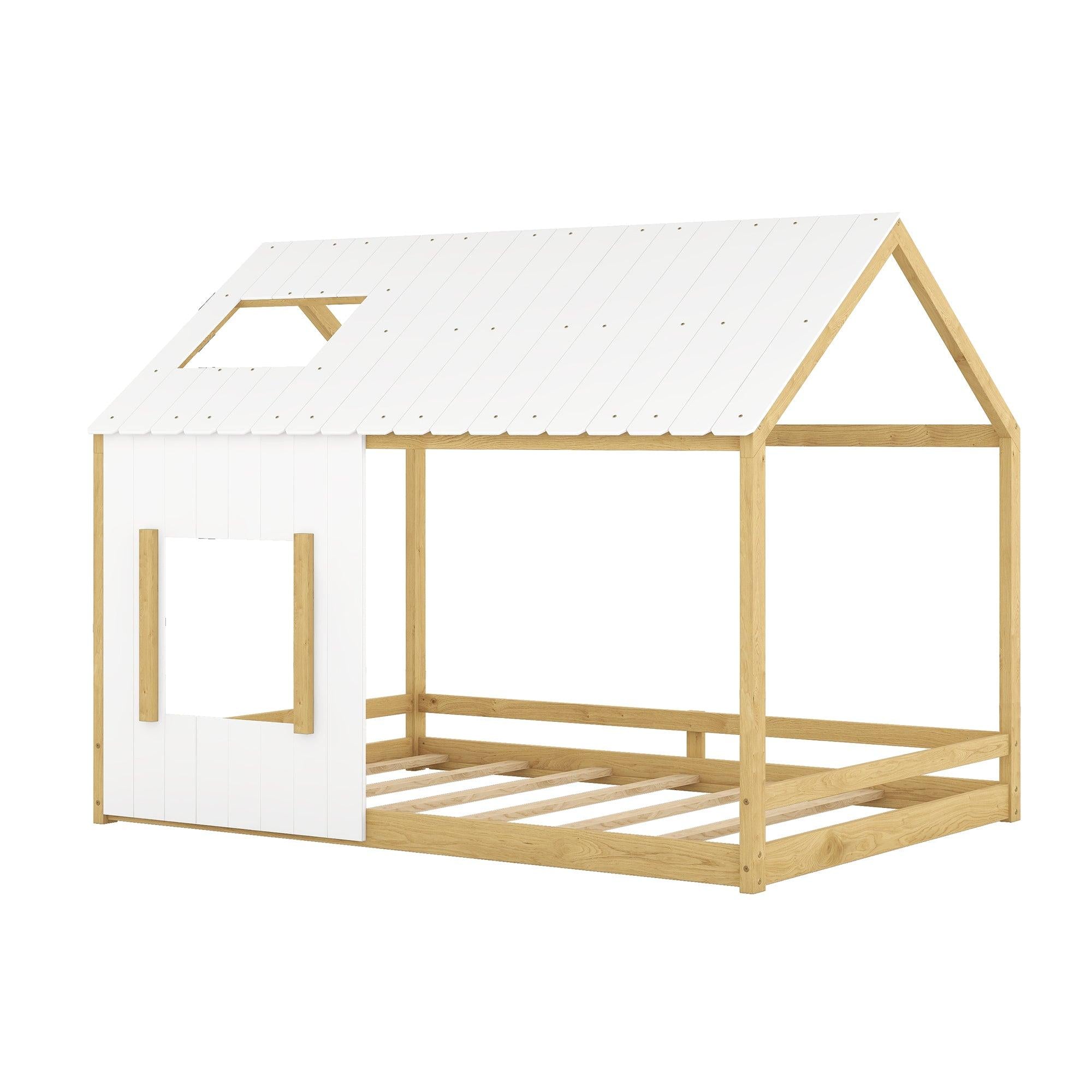 Full Size House Bed with Roof and Window - White+Natural