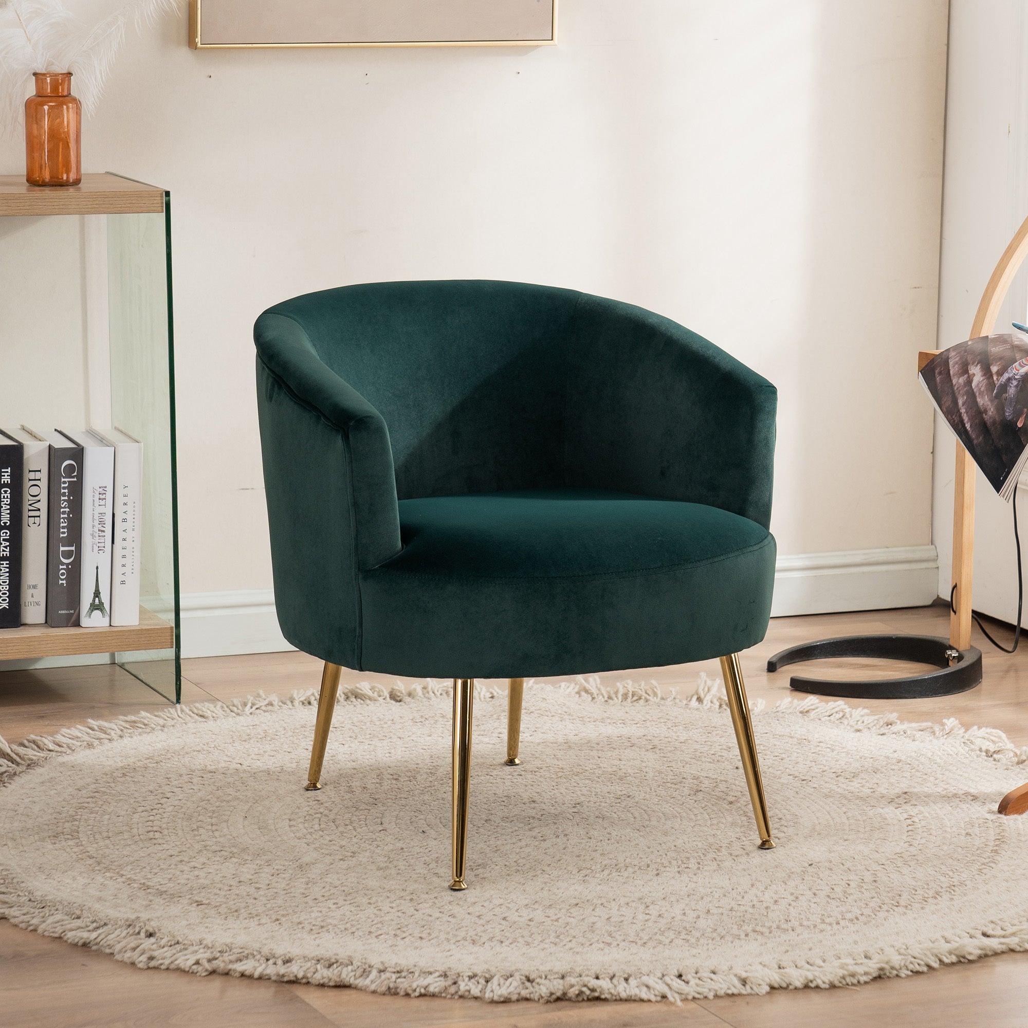 Velvet Accent Armchair Tub Barrel Chair With Gold Metal Legs,Dark Green image