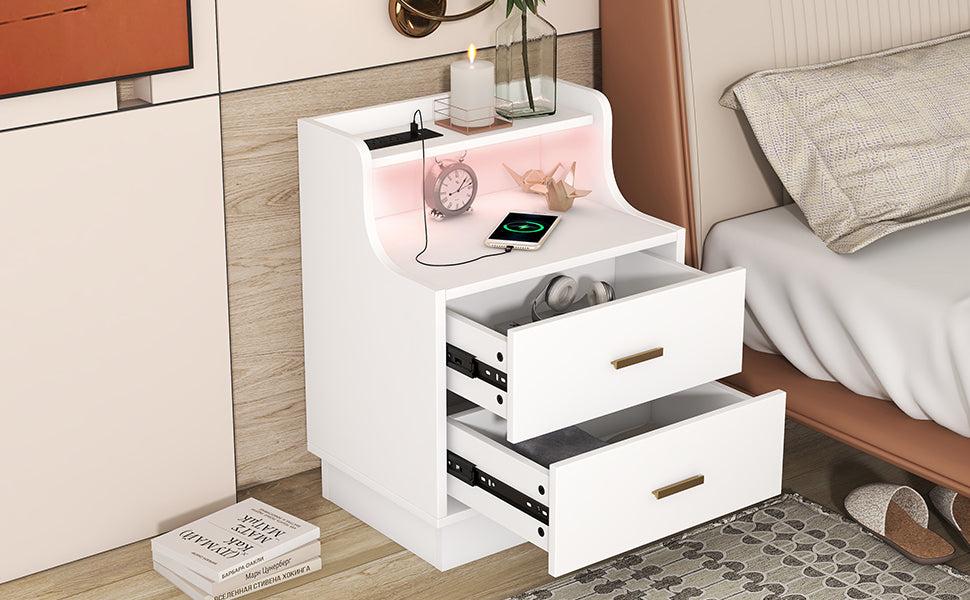 Multifunctional Nightstand with 2 Drawers, Shelf with USB Charging Design and Color-Changing LED, White