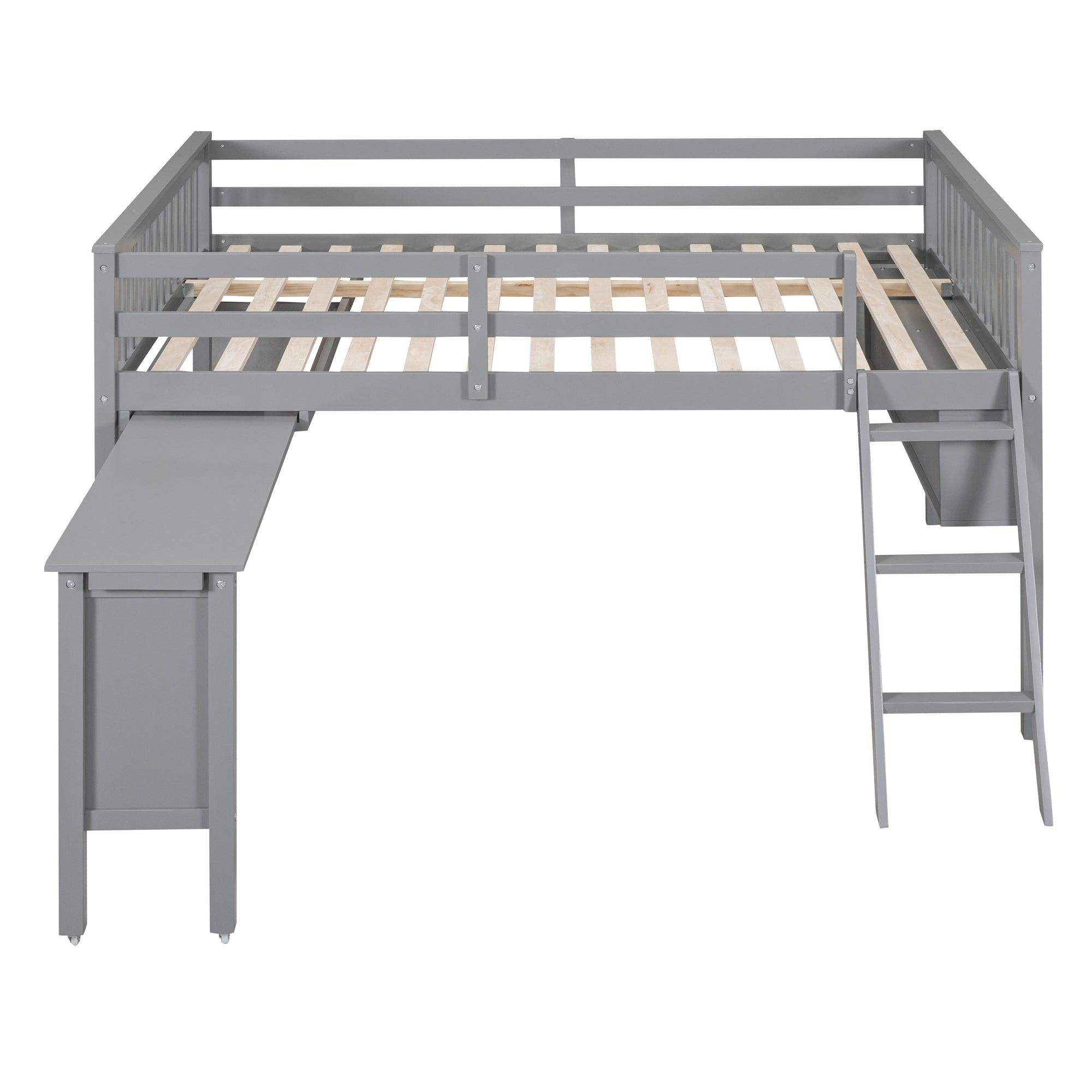 Full Size Loft Bed With Removable Desk and Cabinet, Gray