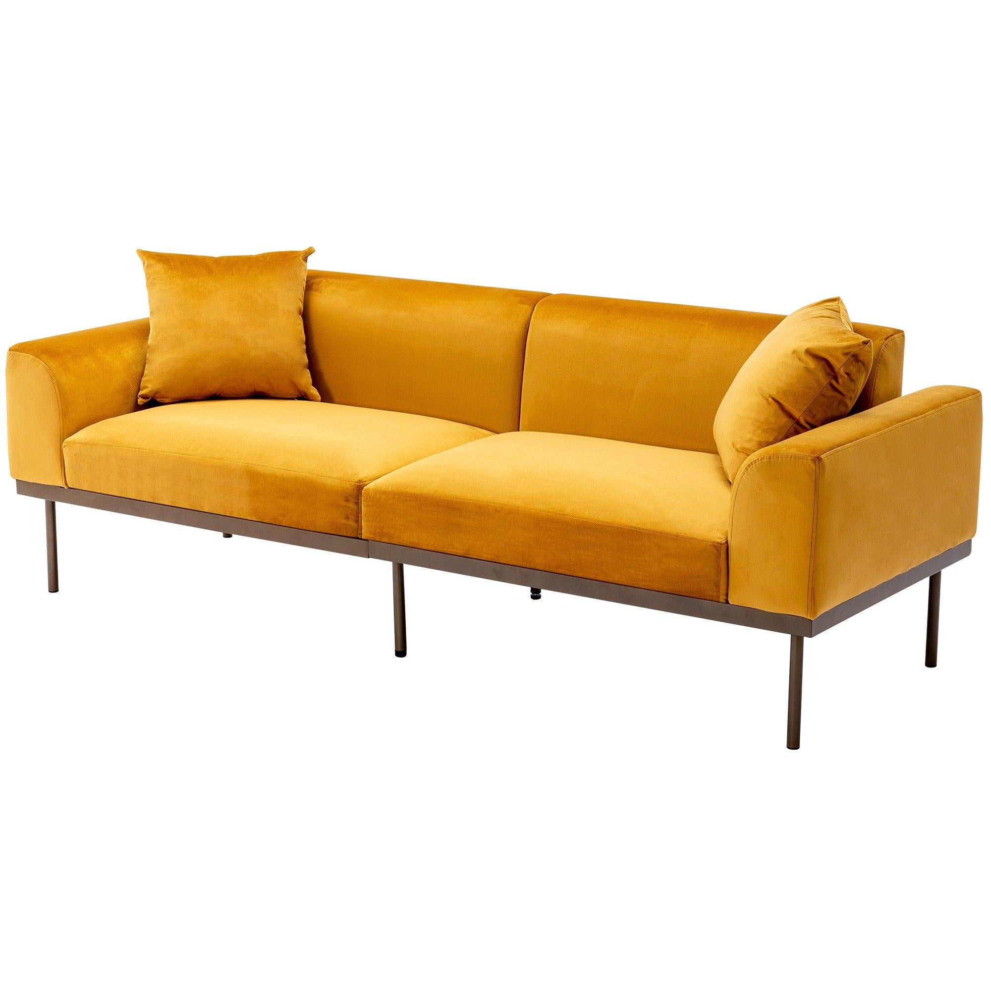 Modern Velvet Sofa with Metal Legs,Loveseat Sofa Couch with Two Pillows for Living Room and Bedroom, Mustard